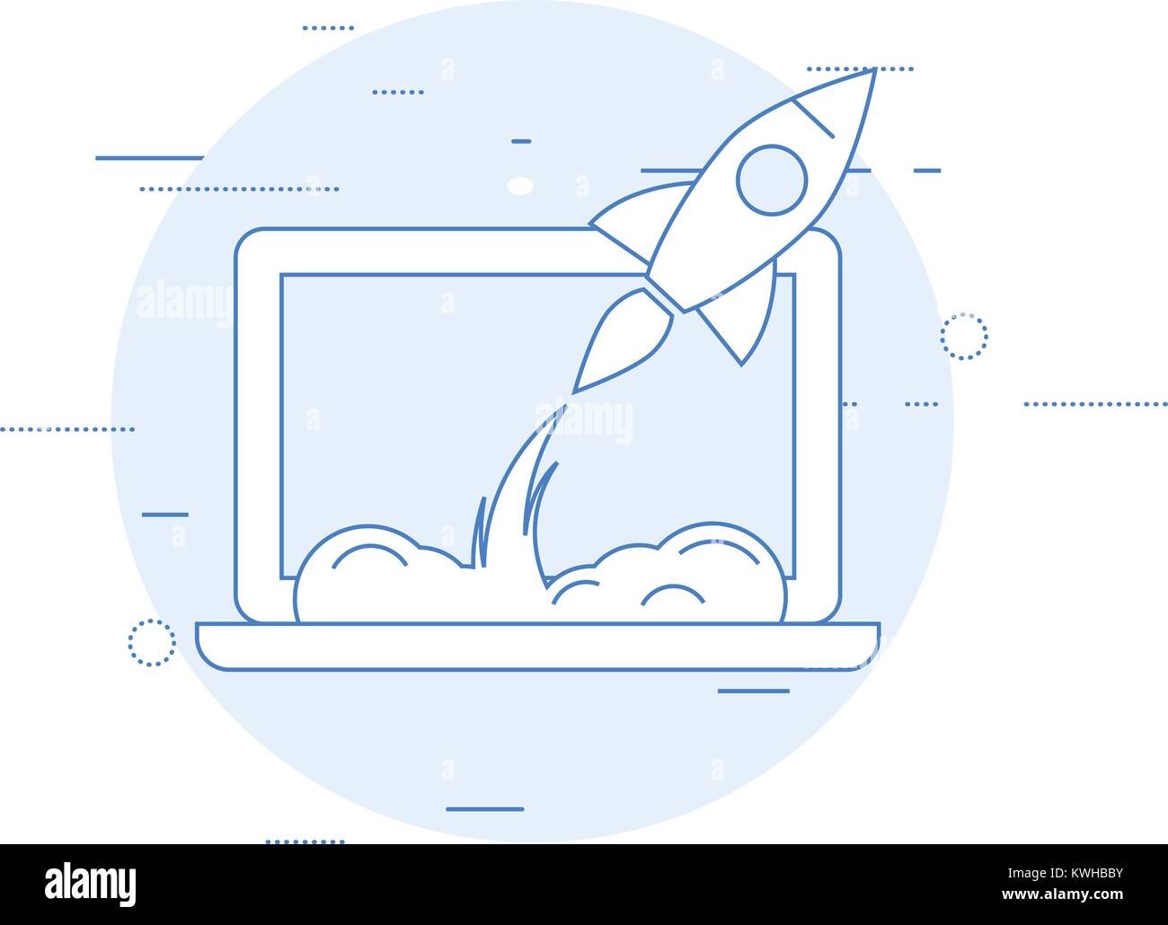 Lancio di nuove attività o sturtup - razzo inizia dal computer portatile Illustrazione Vettoriale