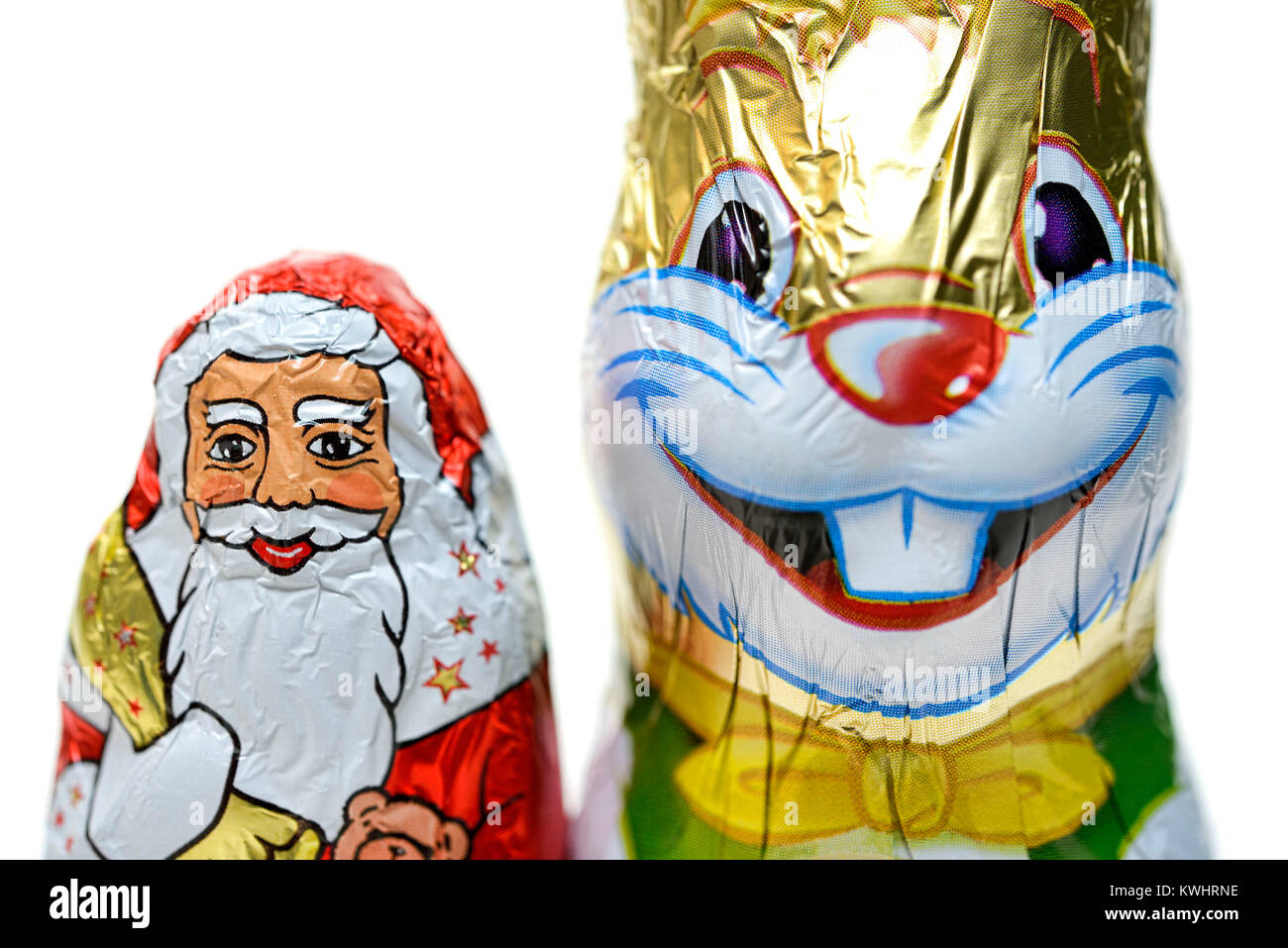 Il cioccolato coniglietto di Pasqua e cioccolato di Santa Claus, Schoko-Osterhase und Schoko-Weihnachtsmann Foto Stock