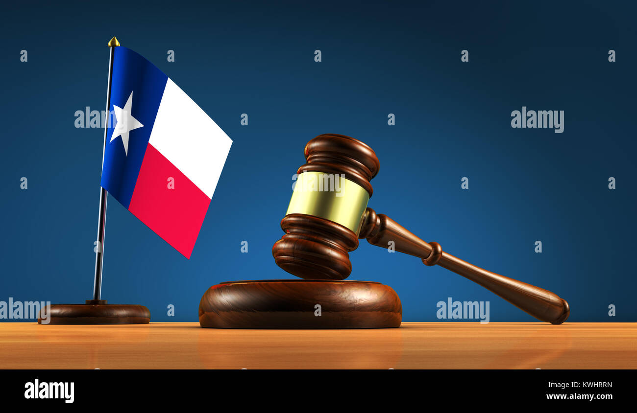 Texas legge dello Stato, del sistema giudiziario e di giustizia concetto con un martello e il texano desk bandiera 3D'illustrazione. Foto Stock