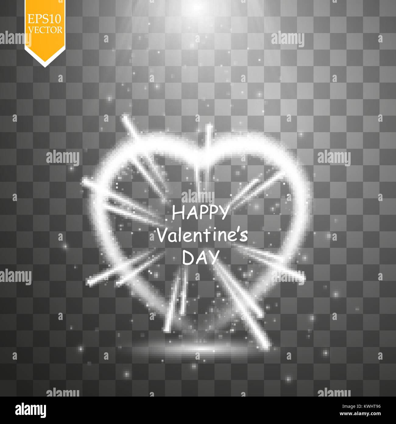 Happy Valentines Day greeting card. Io vi amo. 14 febbraio. Holiday sfondo con cuori con freccia, luce, stelle e proiettore e fuochi d'artificio del backgraund trasparente. Illustrazione Vettoriale Illustrazione Vettoriale