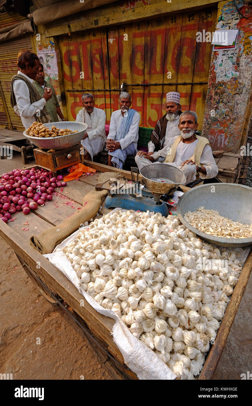 Aglio e Cipolle per la vendita su un carrello a un Indiano street market Foto Stock