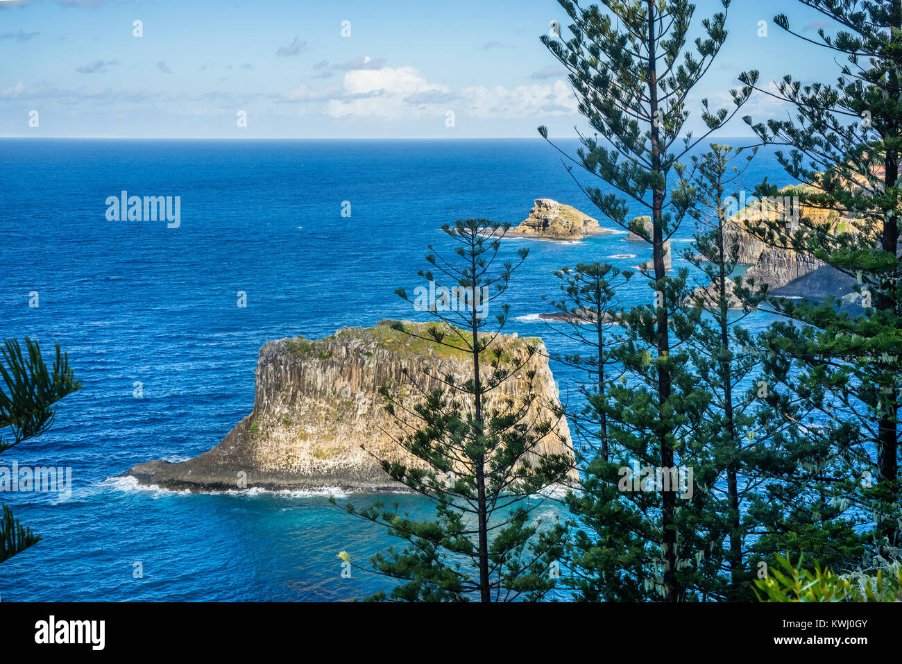 Isola Norfolk, australiano territorio esterno, Parco Nazionale di Norfolk Island vista cattedrale di roccia da briglia via Foto Stock