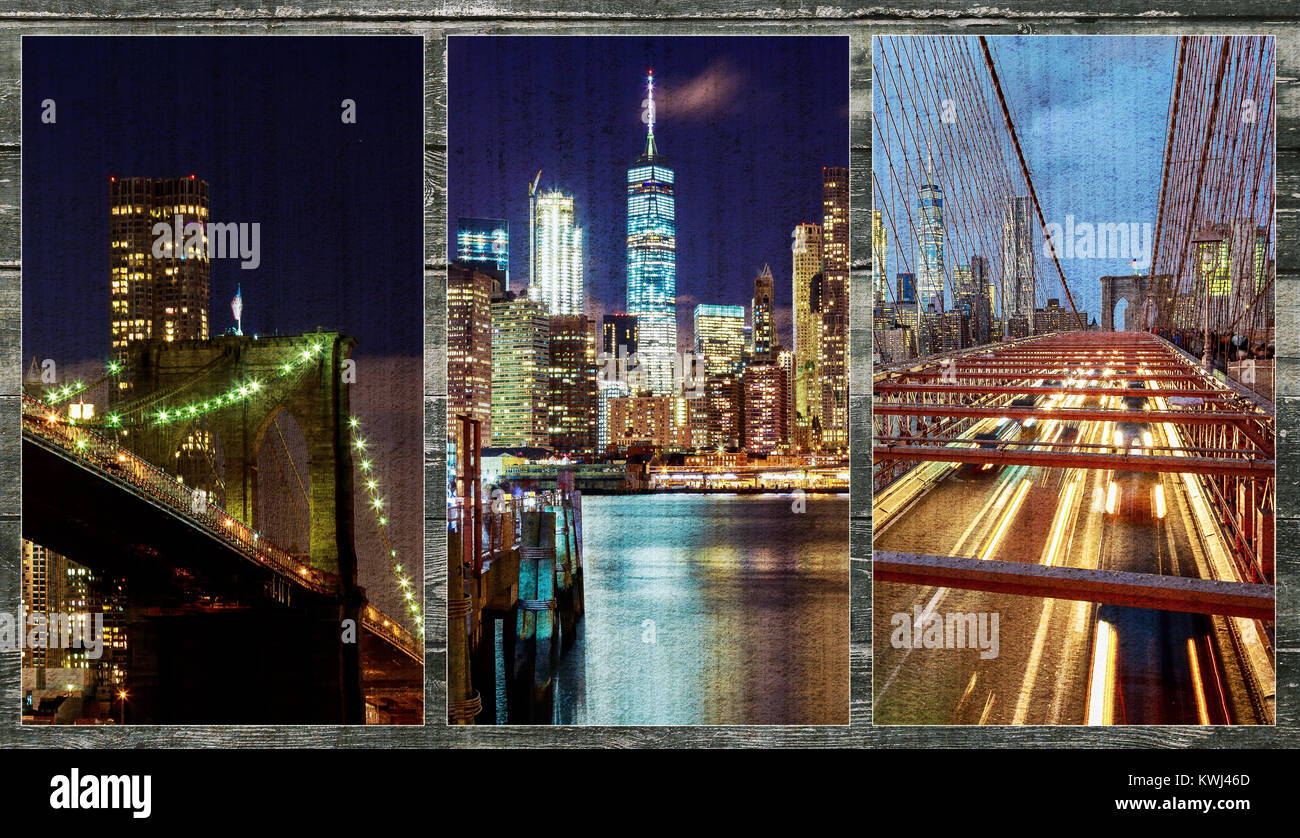 Ponte di Brooklyn su East River di notte nella città di New York Manhattan con luci e riflessi. photo collage da diverse foto Foto Stock