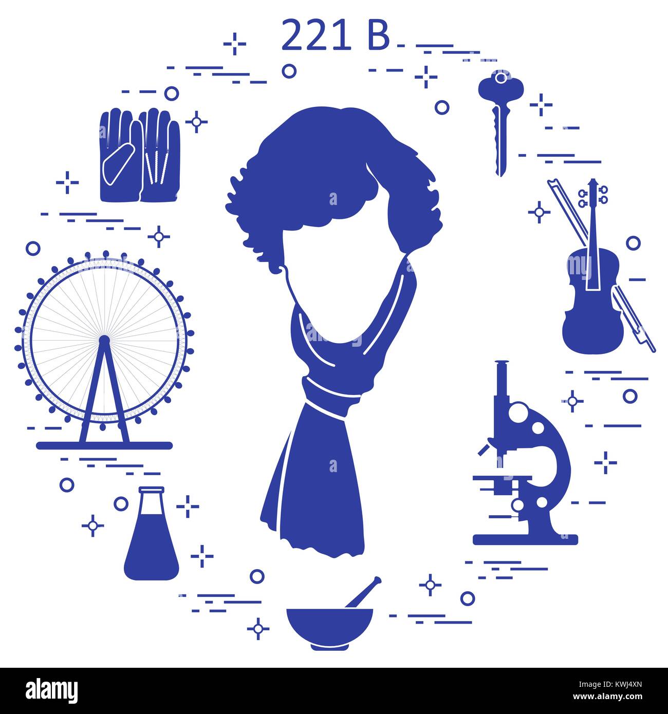 Detective privato Sherlock Holmes con una varietà di strumenti e apparecchiature. L'eroe della popolare serie TV. Design per un annuncio stampa. Illustrazione Vettoriale