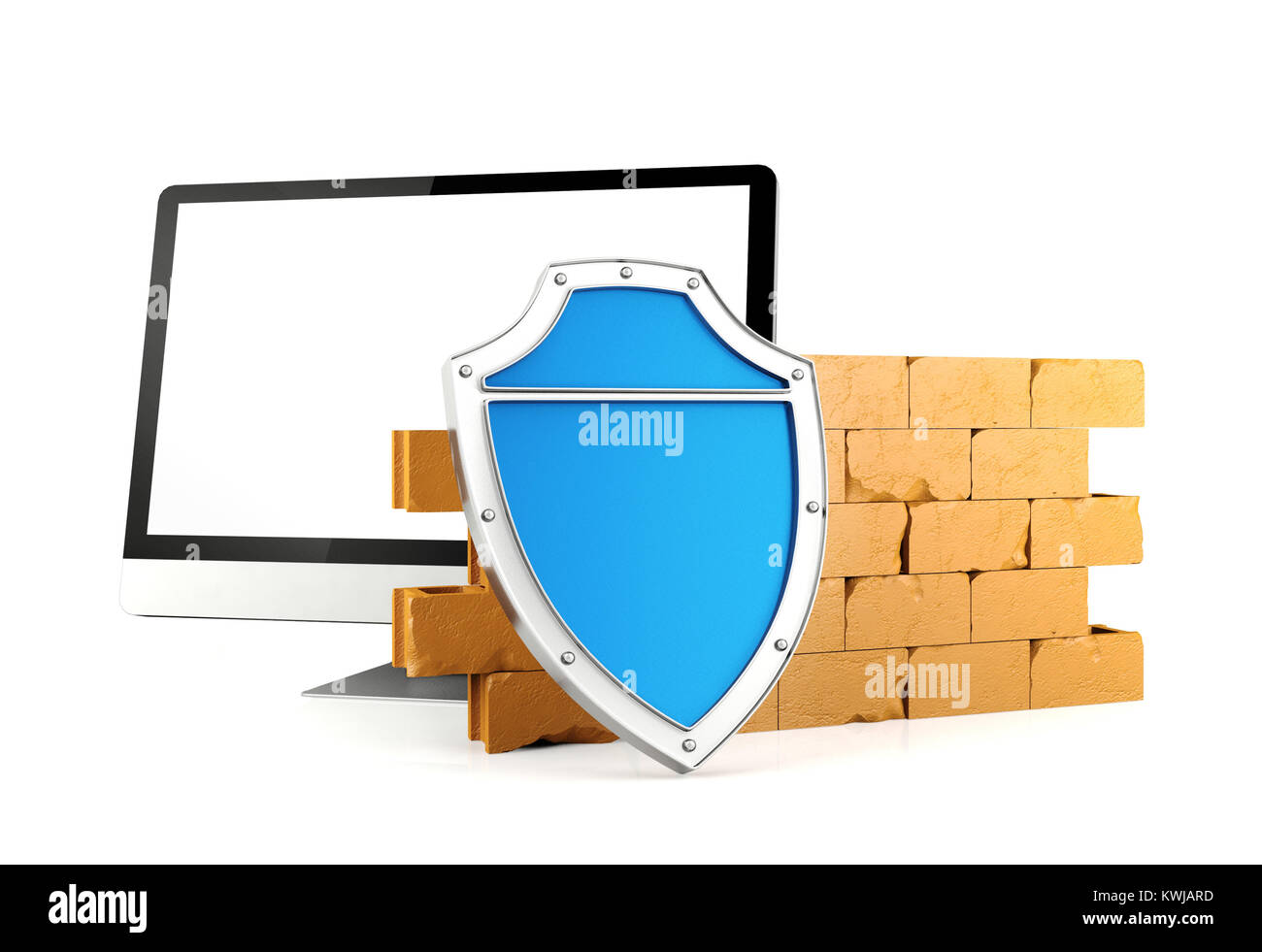 Firewall con il monitor di un computer, computer security concetto, 3D render Foto Stock