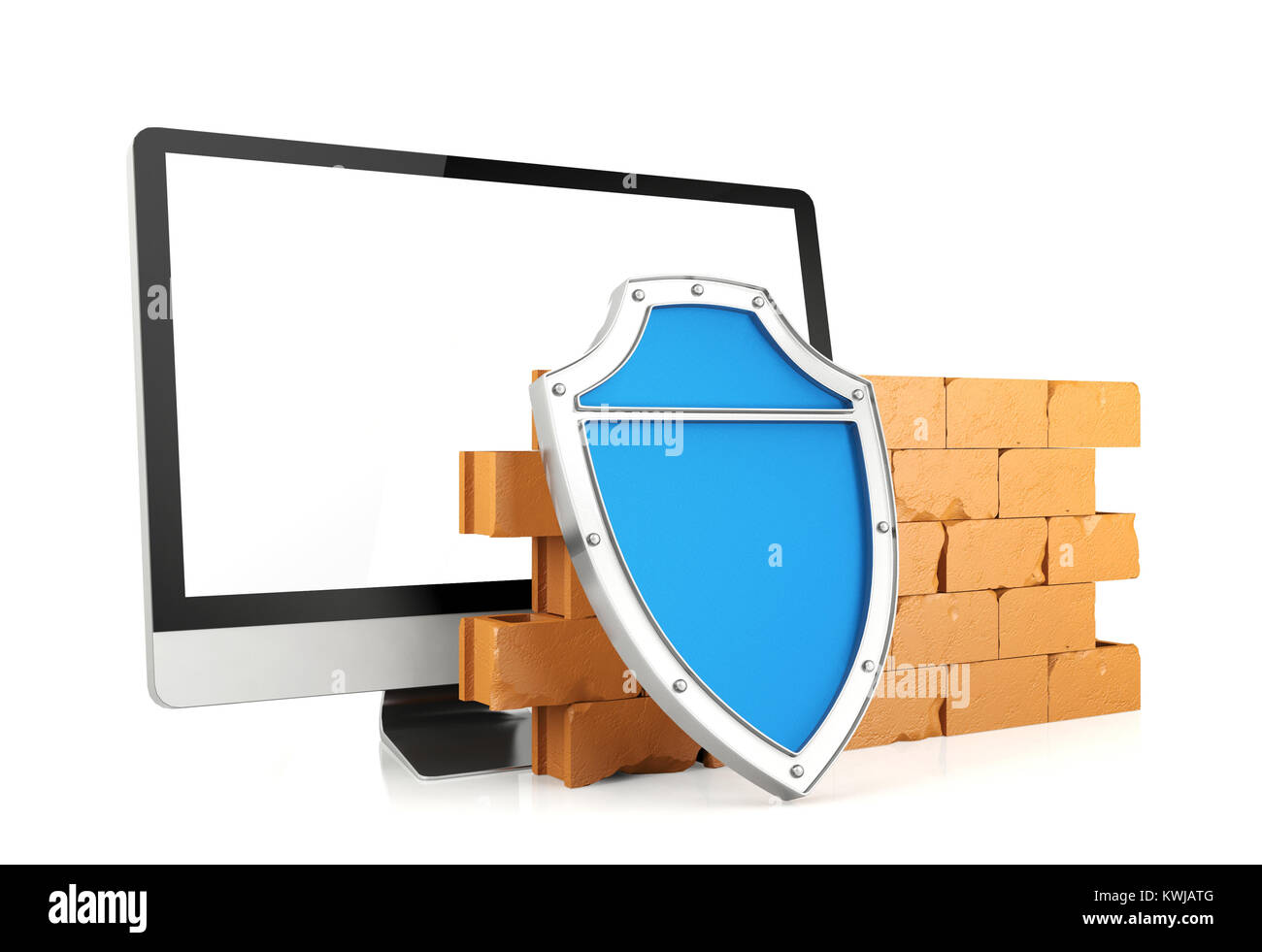 Firewall con il monitor di un computer, computer security concetto, 3D render Foto Stock