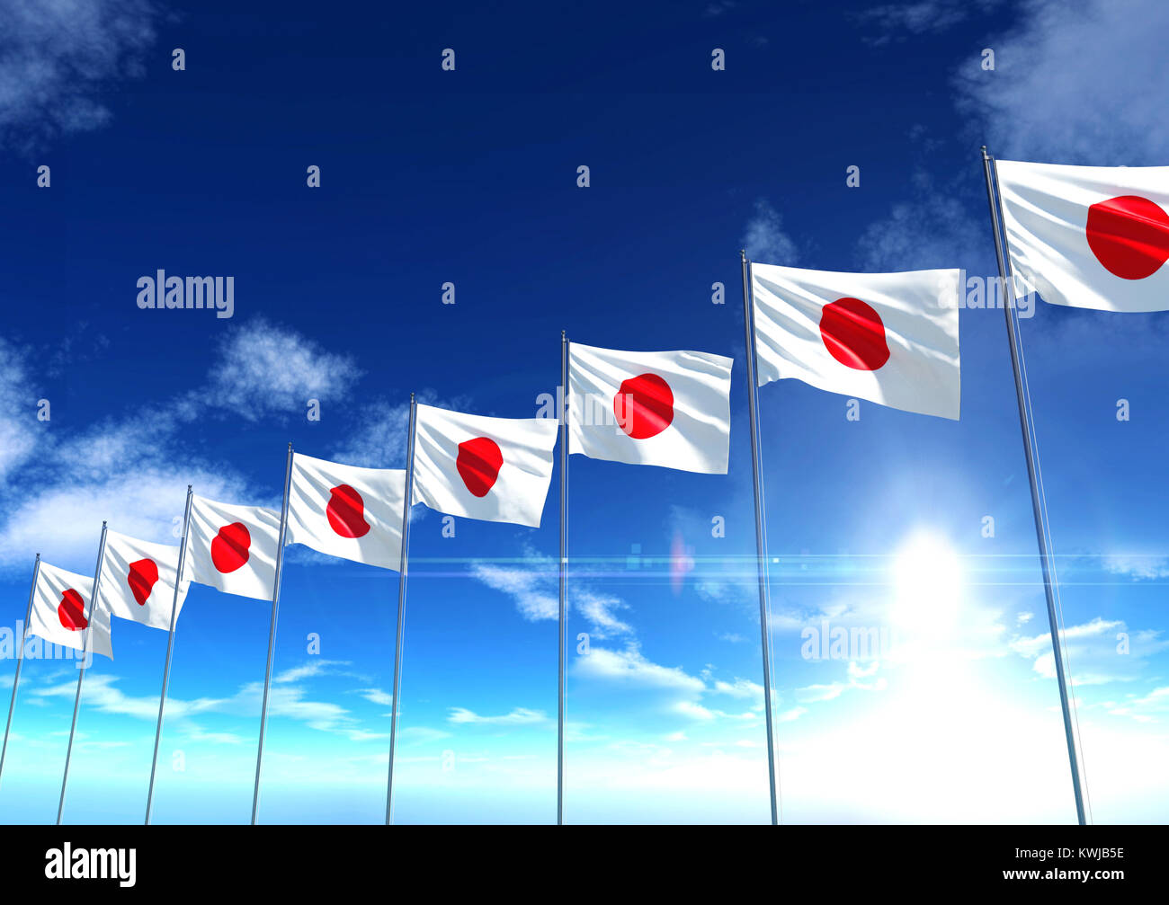Bandiera del Giappone sotto il cielo blu, rendering 3D Foto Stock