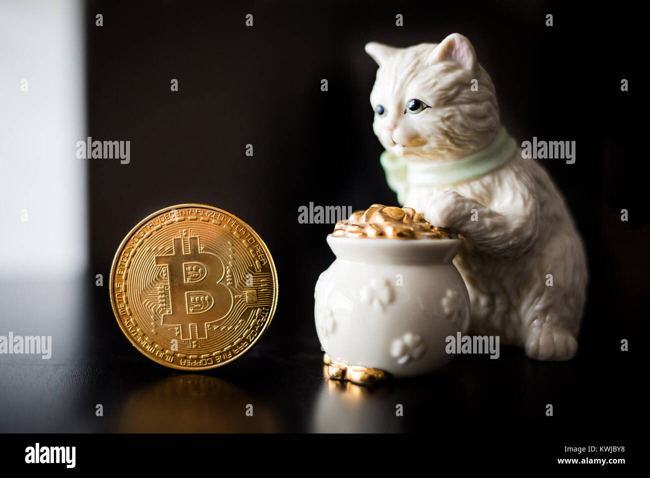 Bitcoin singola moneta con un gatto e la pentola d'oro Foto Stock