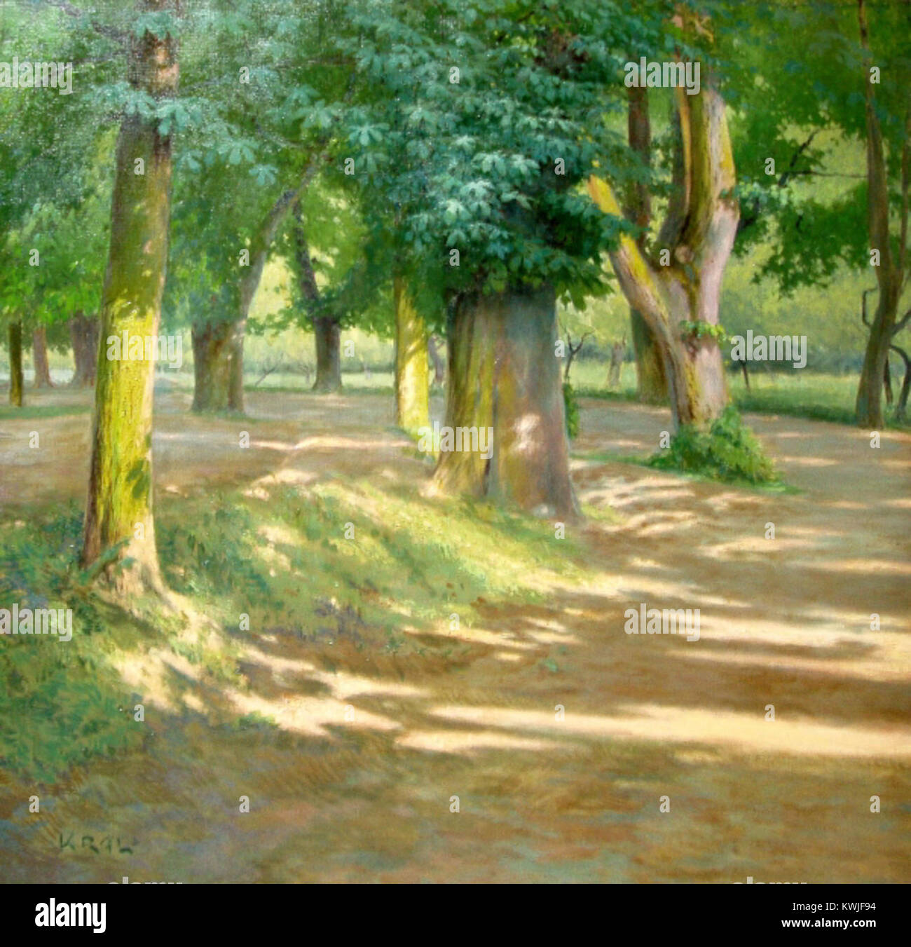 Viale Kastanov, Veltrusy, Repubblica Ceca, pittura paesaggistica, Josef Král ritrae un viale alberato in un ambiente rurale, mettendo in evidenza la bellezza naturale e la disposizione di una tenuta di campagna, arte ceca dell'inizio del XX secolo, strada alberata, château, profondità visiva, natura suggestiva, paesaggio strutturato, campagna boema, belle arti, olio su tela, motivi naturali, vista panoramica Foto Stock