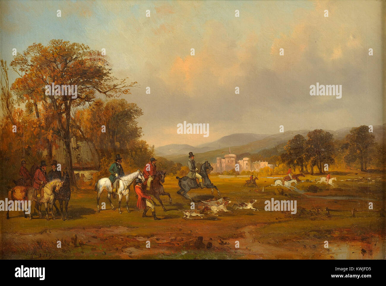 Il dipinto del 1857 di Josef Püttner ''Jagdgesellschaft mit Meute im Schlosspark'' raffigura una festa di caccia con cani in un parco di palazzo, che illustra la cultura sportiva austriaca del XIX secolo e l'arte paesaggistica. Foto Stock