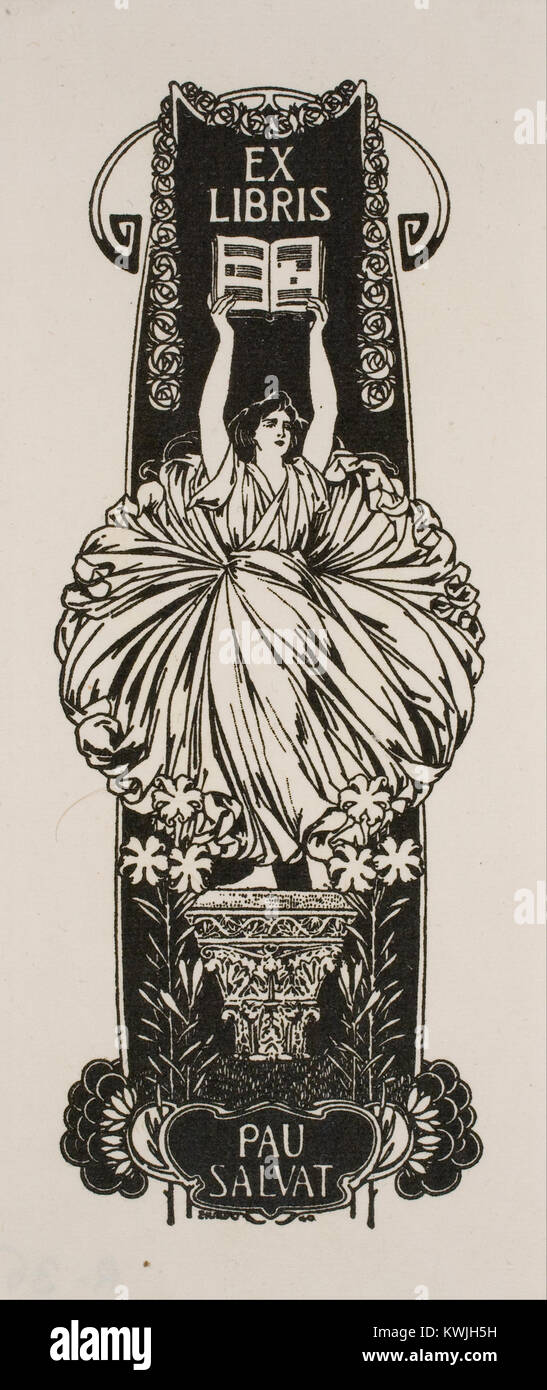 Ex libris (bookplate) di Josep Triadó creato per Pau Salvat, caratterizzato da un design decorativo Art Nouveau con tipografia stilizzata e illustrazione simbolica. Foto Stock