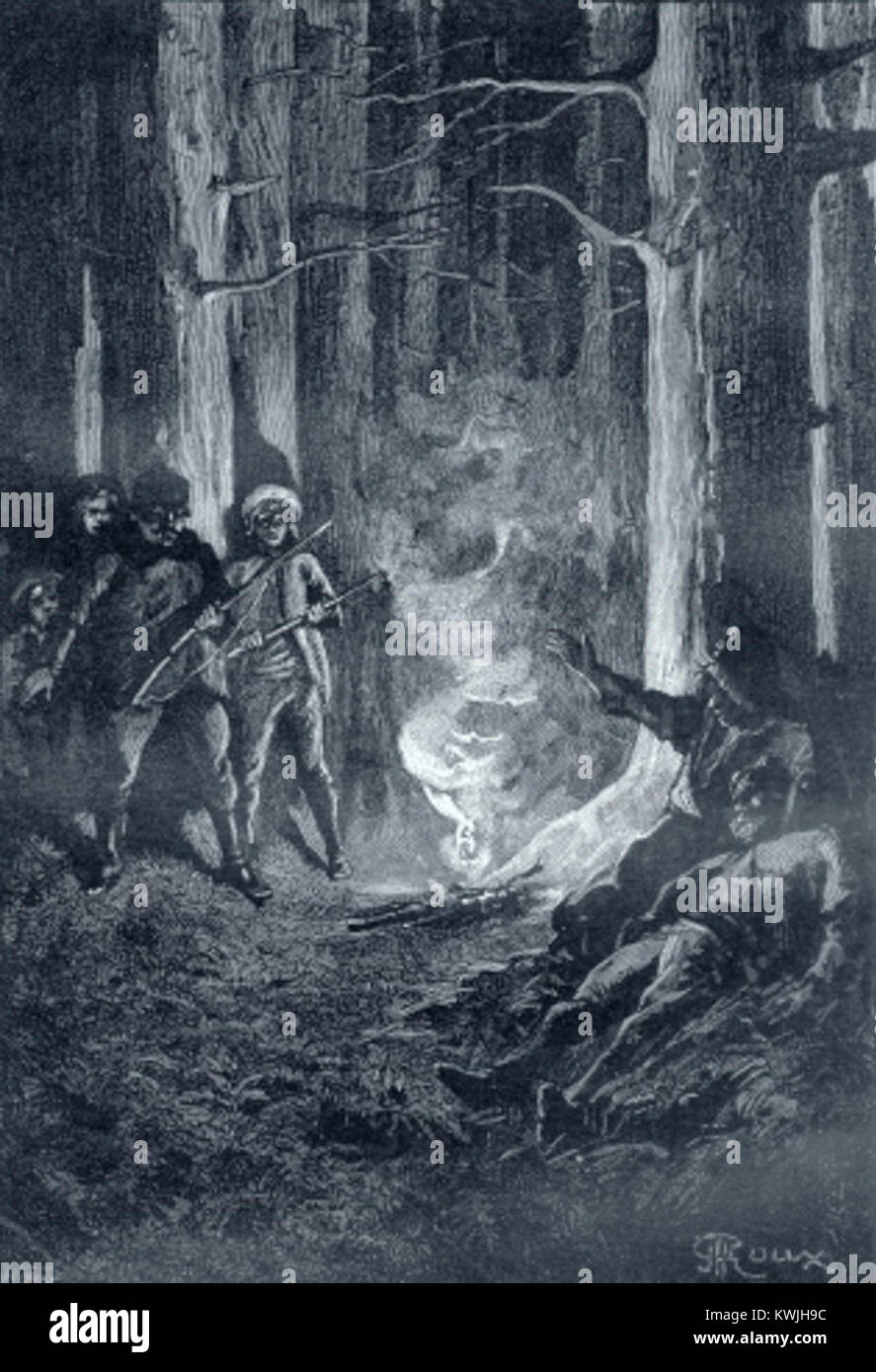 Questa illustrazione di César Cascabel (di Jules Verne, disegnata da George Roux) raffigura la carovana e i viaggiatori in una scena paesaggistica, catturando il viaggio narrativo e la messa in scena d'epoca. Foto Stock