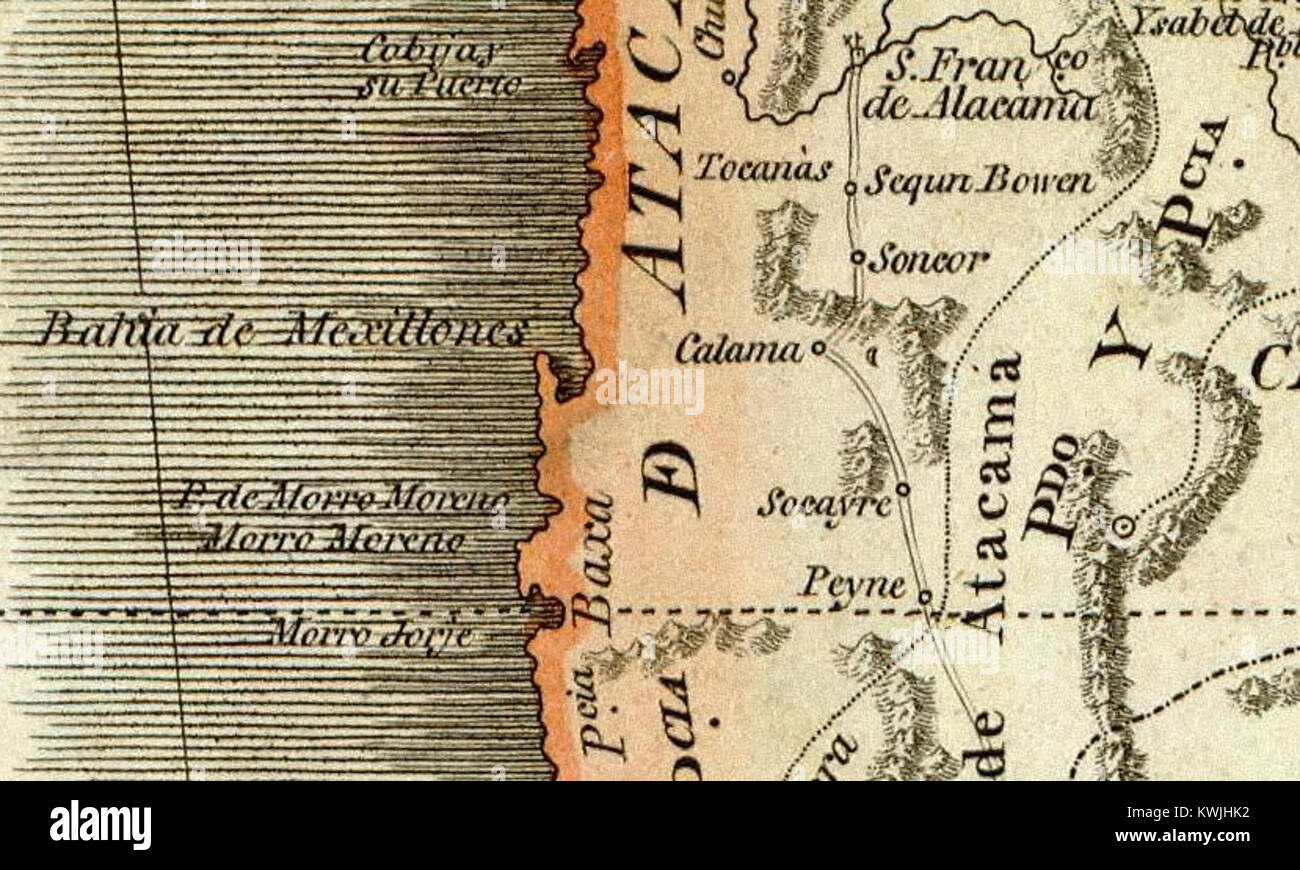 La mappa del 1799 di Juan de la Cruz Cano y Olmedilla ''Bahía de Mejillones'' raffigura la regione costiera del Cile settentrionale, illustrando la cartografia spagnola e la documentazione geografica della fine del XVIII secolo. Foto Stock
