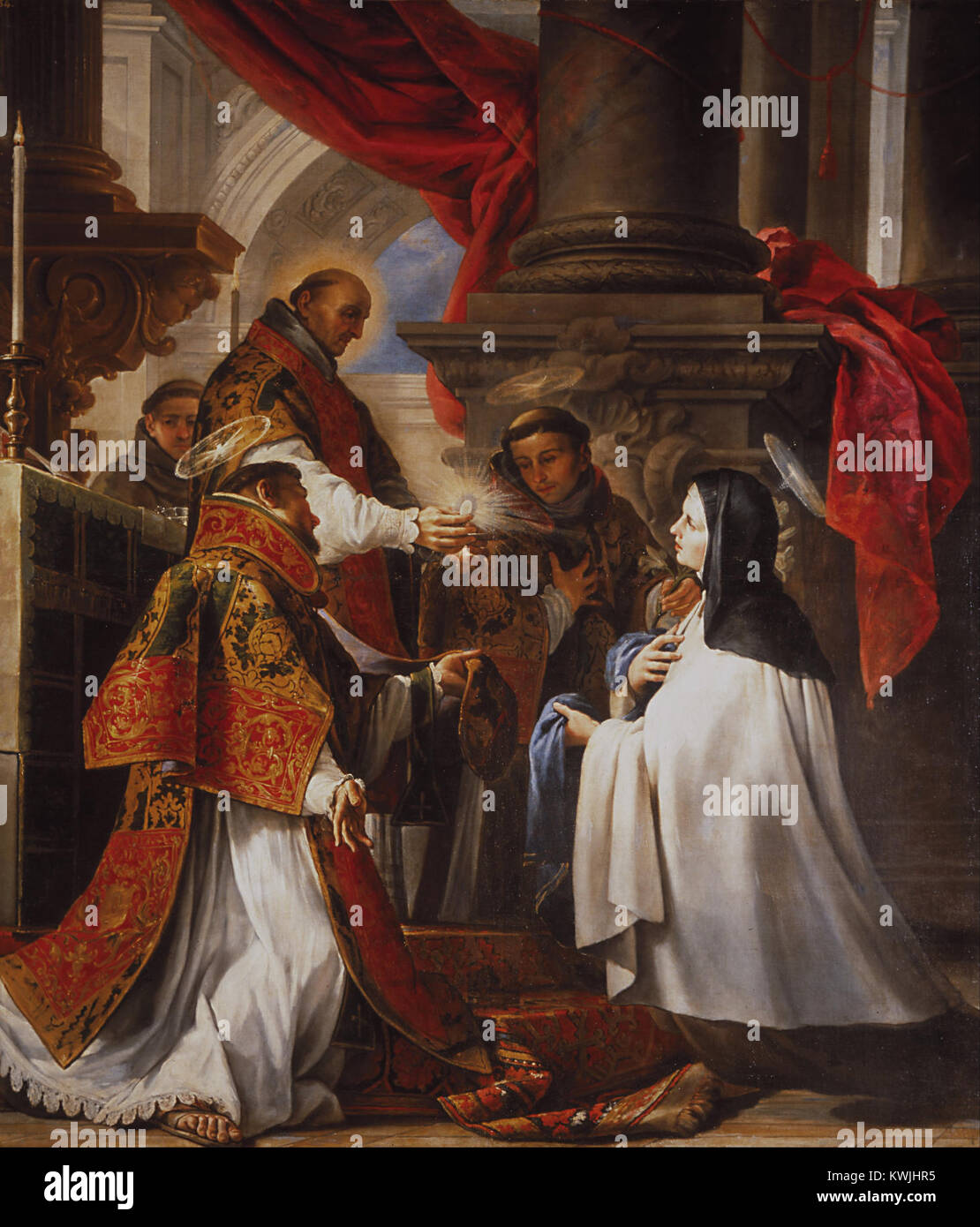 La "Comunione di Santa Teresa" di Juan Martín Cabezalero è un rinomato dipinto che riflette la devozione religiosa e le tecniche artistiche classiche. Fa parte della collezione Google Art Project. Foto Stock