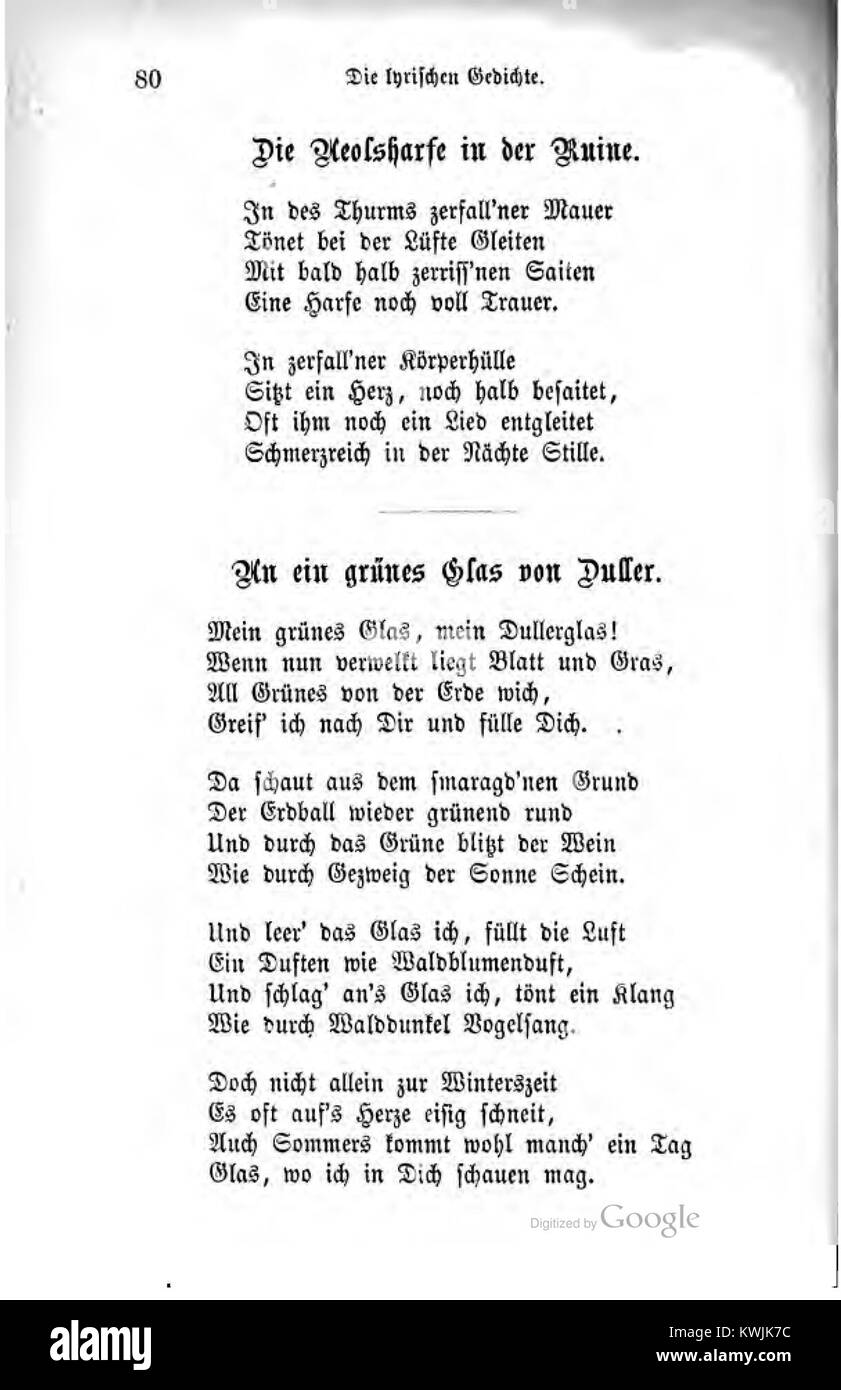 Il primo volume delle opere poetiche selezionate (“Ausgewählte poetische Werke”) del poeta romantico tedesco Justinus Kerner (1786-1862) compila le sue poesie liriche e balladiche, riflettendo il suo ruolo nella scuola sveva di letteratura tardo-romantica e la sua doppia carriera come medico e scrittore. Foto Stock