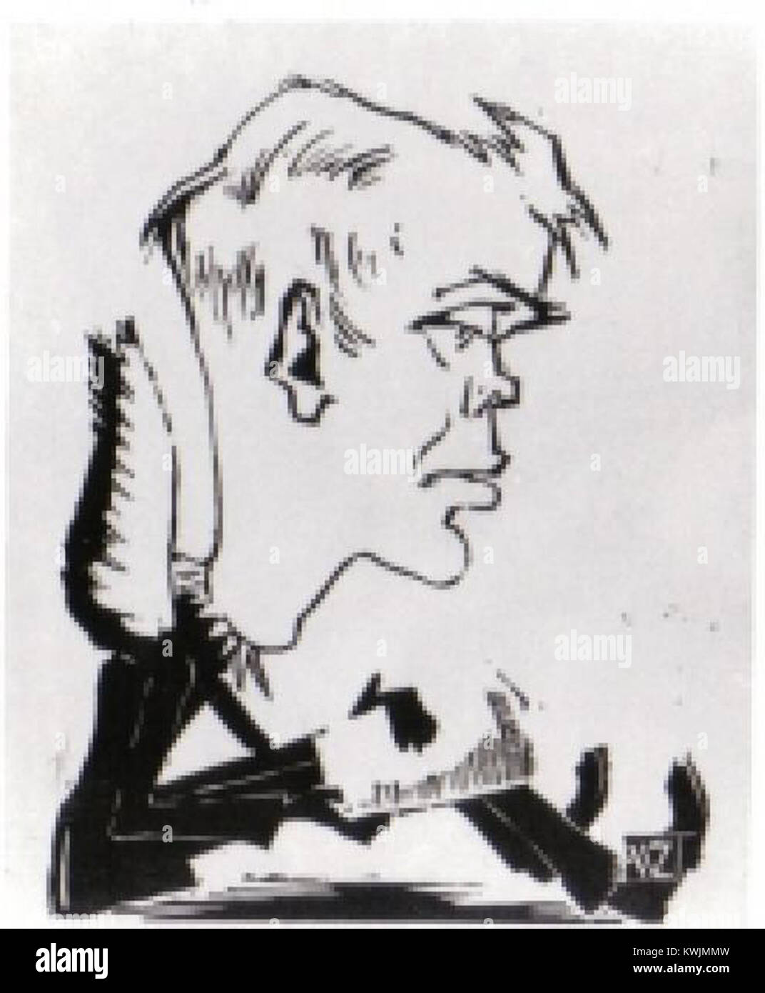 Un'auto-caricatura dell'artista polacco Zenon Waśniewski, che mostra il suo umorismo e l'auto-rappresentazione artistica attraverso il lavoro di linea espressivo. Foto Stock