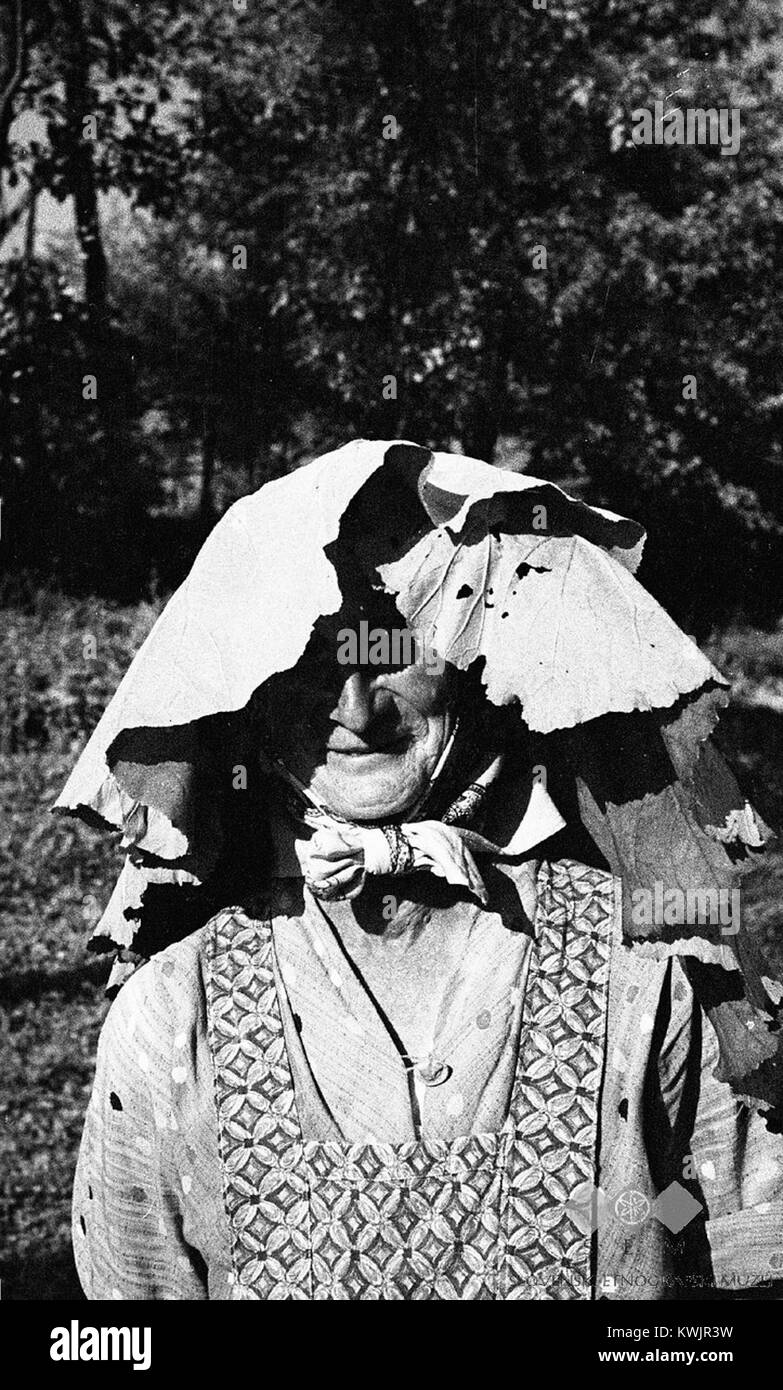 Una fotografia del 1964 che illustra la tradizionale protezione dalle intemperie slovena utilizzando foglie e piume di bancale per proteggersi dalla pioggia. Foto Stock