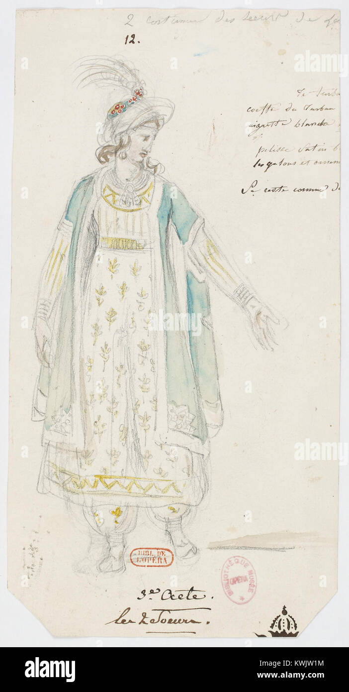 Un costume disegnato da Alexandre-Evariste Fragonard per l'opera Zémire et Azor, che mostra le due sorelle di Zémire, Mlles Marinette e Brocard. L'acquerello del XIX secolo illustra l'abbigliamento scenico della produzione teatrale. Foto Stock
