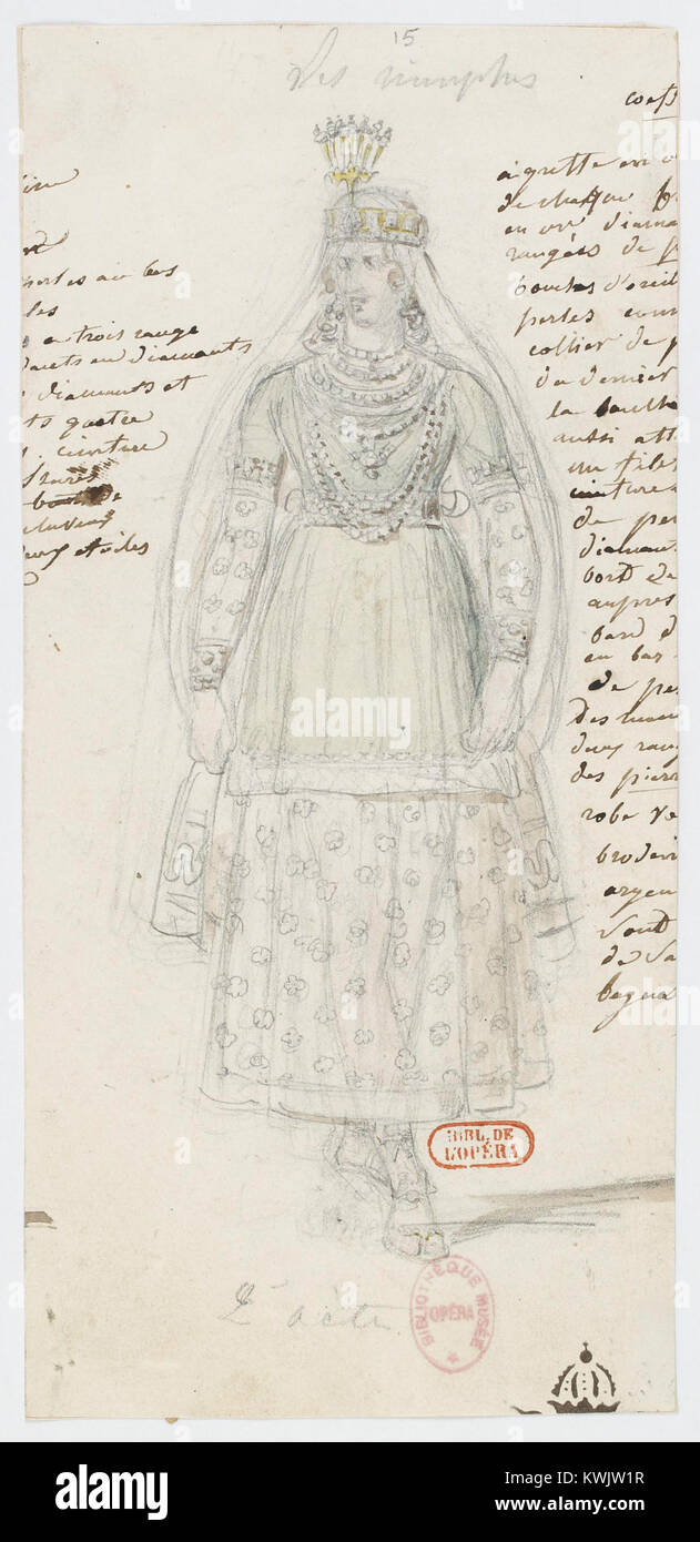 L'opera d'arte di Alexandre-Evariste Fragonard rappresenta uno dei trentasei costumi creati per l'opera "Zémire et Azor", raffigurante ninfe sceniche e che riflette la moda teatrale e lo stile artistico del XVIII secolo. Foto Stock