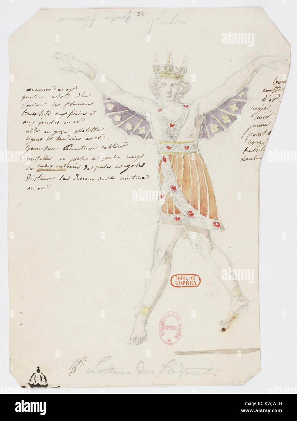 Un costume disegnato da Alexandre-Evariste Fragonard per Zémire et Azor, che mostra i personaggi di Lutin e dei bambini in abiti teatrali. L'acquerello riflette il design del palcoscenico francese del XIX secolo. Foto Stock