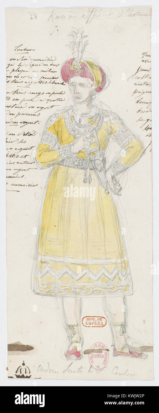 Un costume disegnato da Alexandre-Evariste Fragonard per Zémire et Azor, raffigurante il personaggio Indien nella suite di M. Coulon. L'opera del XIX secolo mostra l'abbigliamento teatrale in un dettagliato acquerello. Foto Stock