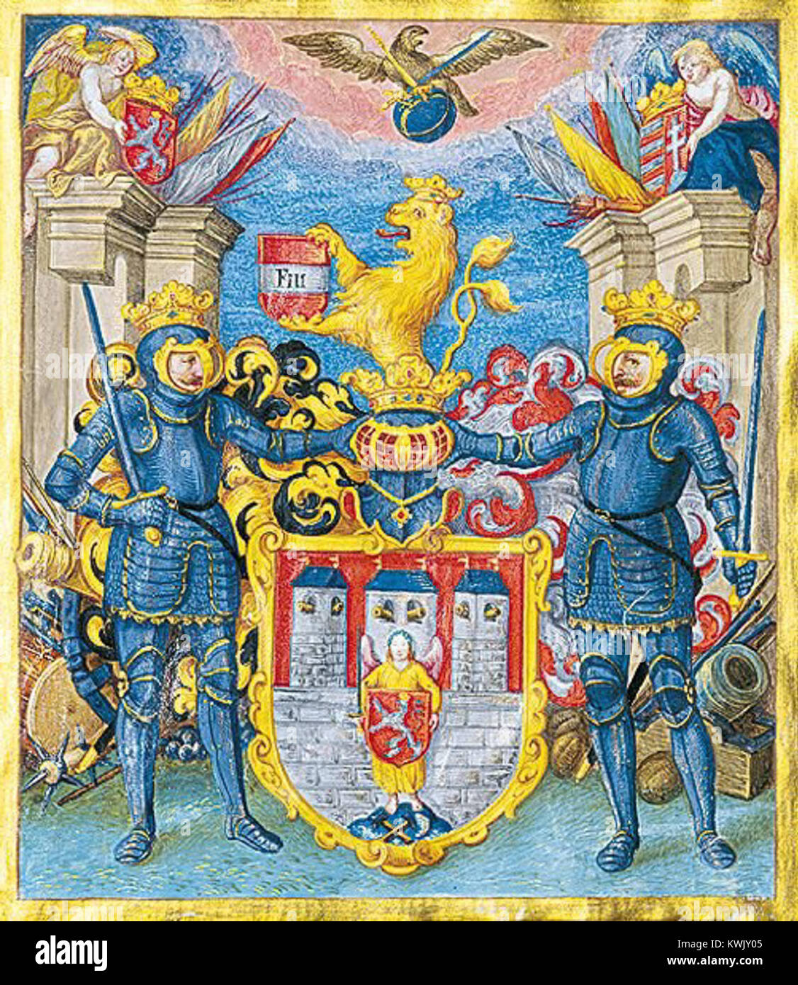 Lo stemma della città di České Budějovice del 1648 mostra uno scudo triangolare gotico rosso con un muro a scacchi d'argento nella metà inferiore e tre torri rotonde d'argento sormontate da tetti conici dorati; la torre centrale reca uno scudo rosso con un leone a due code d'argento che simboleggia i privilegi storici della città sotto Ferdinando III enciclopedie.c-budejovice.cz+1 Foto Stock