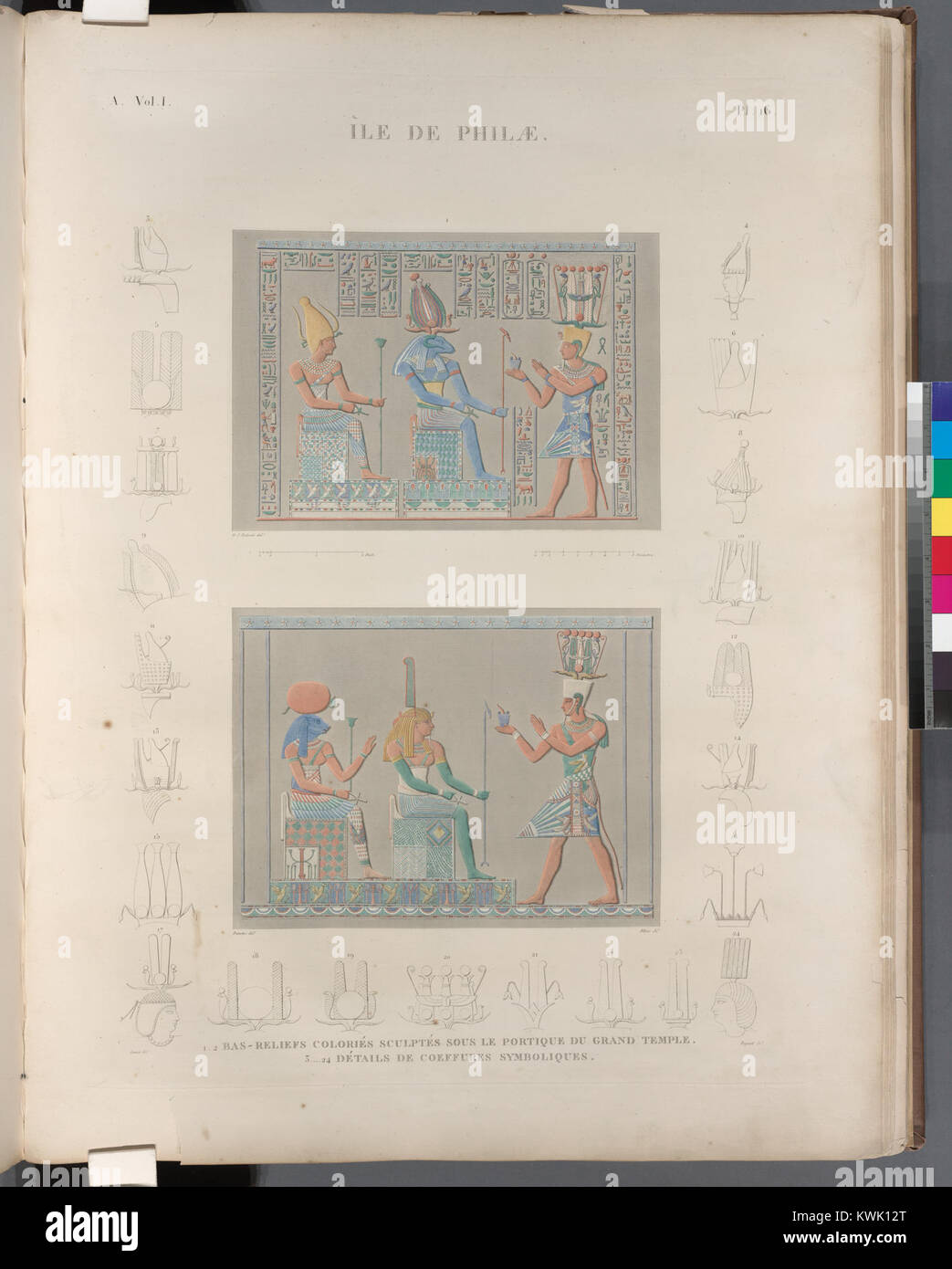 Île de Philae. 1.2. Bassorilievi coloriés, sculptés sous de portique du Grand Temple; 3-24. Détails de coeffures symboliques (NYPL b14212718-1267845) Foto Stock