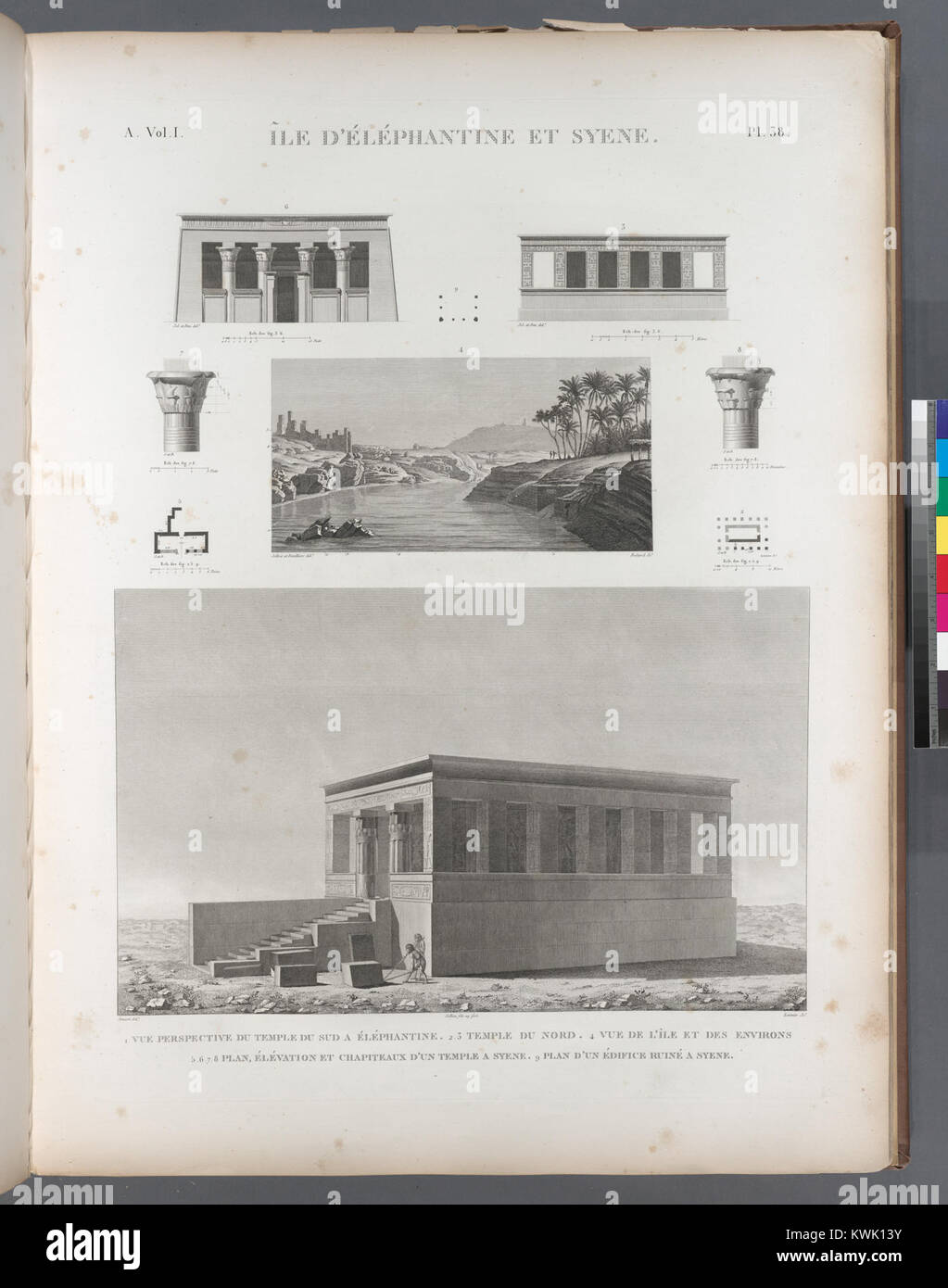 Disegni architettonici e topografici dell'isola Elefantina e di Syene (Assuan), Egitto, raffiguranti templi, viste panoramiche circostanti e piani di elevazione. Foto Stock