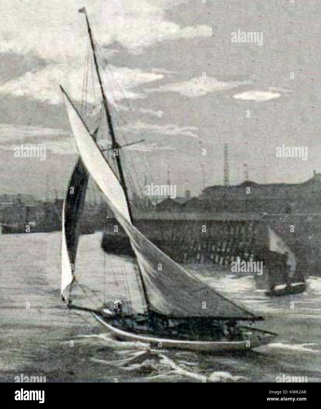 Questa immagine mostra i campioni olimpici francesi Émile Billiard e Paul Perquel che celebrano la loro medaglia d'oro nella gara di vela delle tonneaux del 10-20 durante le Olimpiadi di Parigi del 1900. Foto Stock