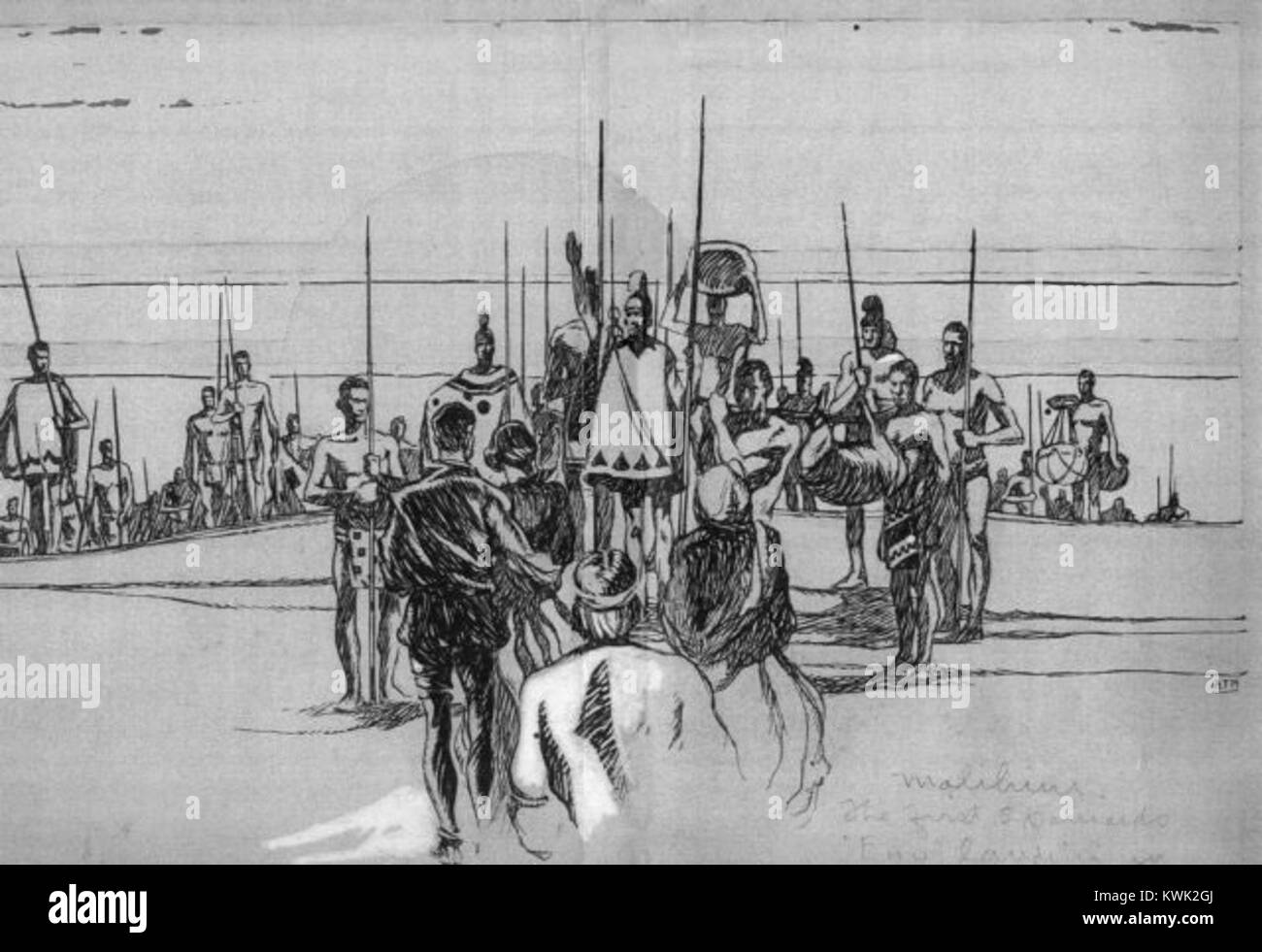 Questo disegno a inchiostro dell'artista armeno-americano Arman Manookian illustra "Malihini: The First Spanish 'EHU' Landing in Hawaii", mostrando visitatori stranieri che arrivano alle Hawaii negli anni '1920 Foto Stock