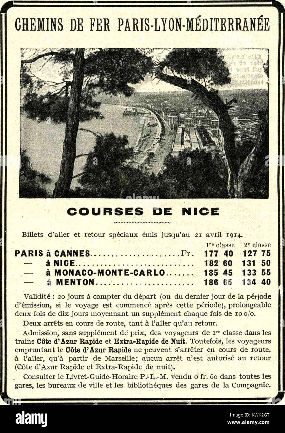 Un’immagine o un documento ferroviario del 1914 della rete Parigi-Lione-Méditerranée, una delle principali compagnie ferroviarie francesi, che illustra il trasporto ferroviario e le infrastrutture europee dell’inizio del XX secolo. Foto Stock