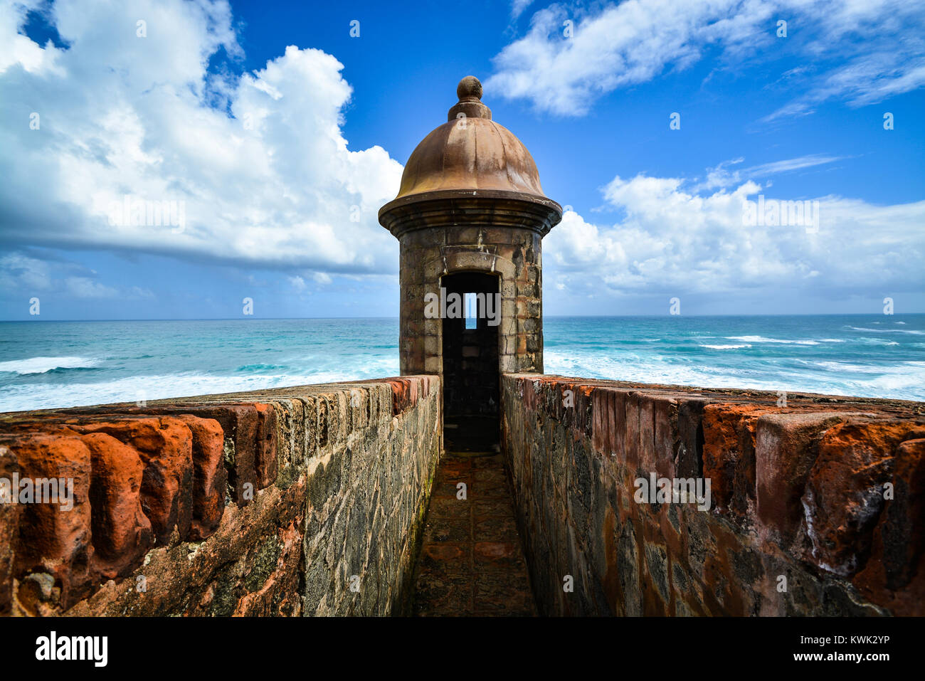 San Juan Puerto Rico, Castillo de San Cristobal, Sentry Box, Old San Juan, isola caraibica. Foto Stock
