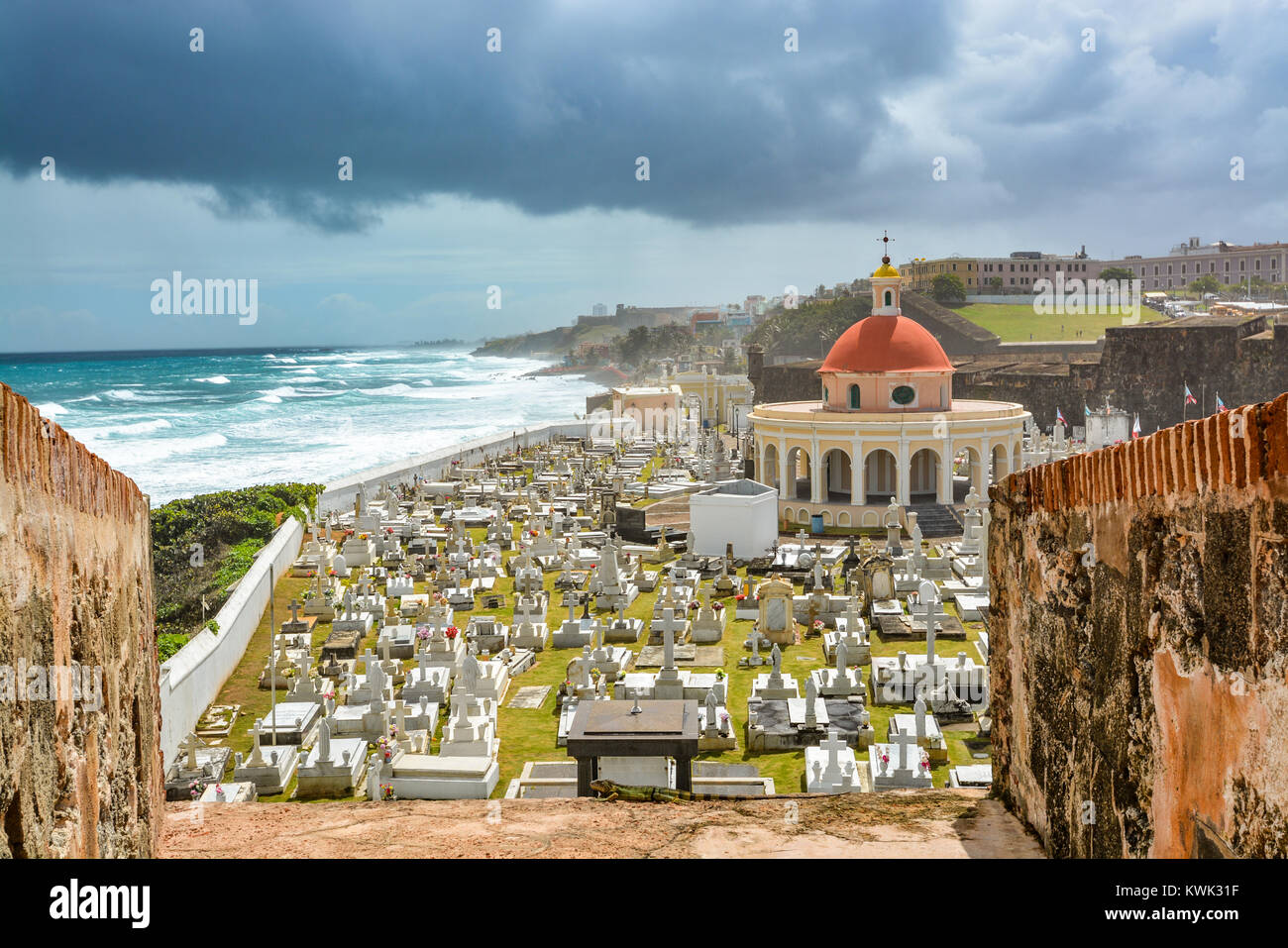 Santa Maria Magdalena de Pazzis cimitero, Old San Juan, Puerto Rico, Iguana in primo piano e il cielo in tempesta che si profila, Foto Stock
