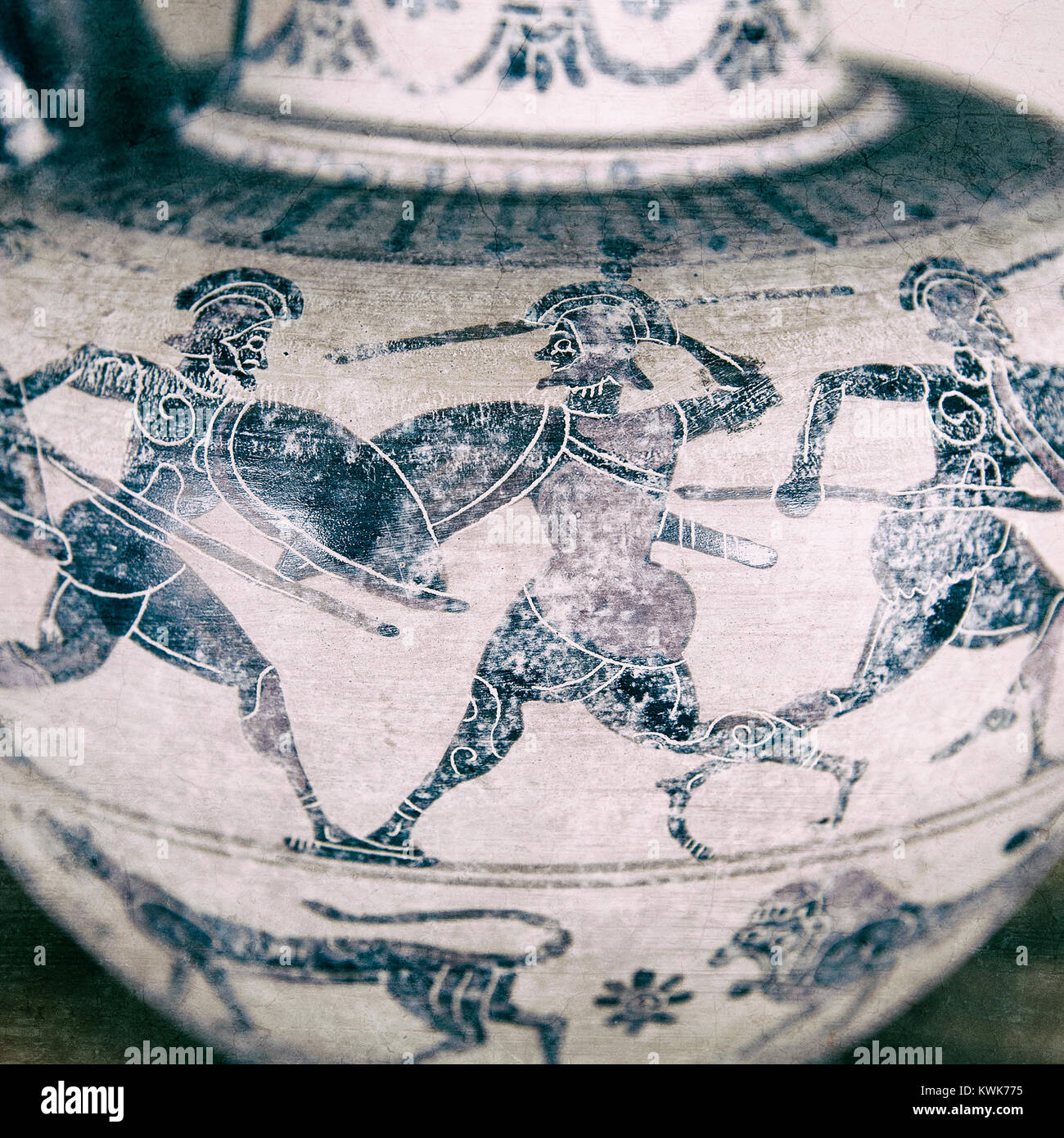 Scena di combattimento sul vaso Etrusco - riproduzione di eventi storici Foto Stock