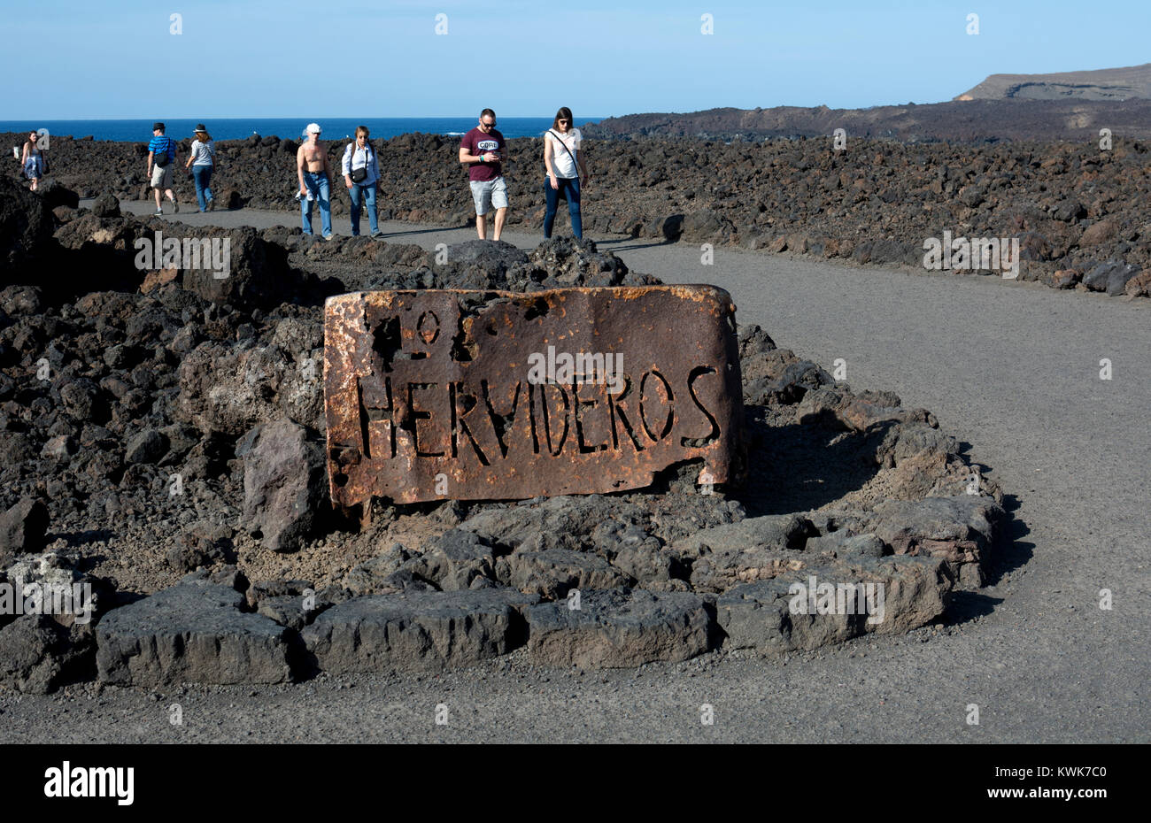 Los Hervideros segno, Lanzarote, Isole Canarie, Spagna. Foto Stock