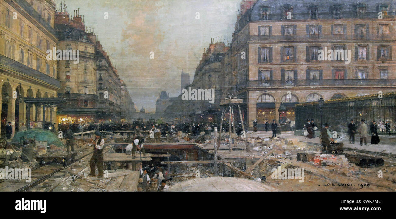 Costruzione della Metropolitana/Costruzione del Metropolitain 1900 di Luigi Loir 1845-1916. Sistema della metropolitana di Parigi lungo un viale cittadino affollato. Foto Stock