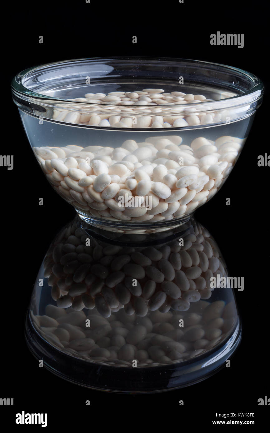 Fagioli bianchi imbevuto in acqua in un recipiente di vetro su sfondo nero con la riflessione. Foto Stock