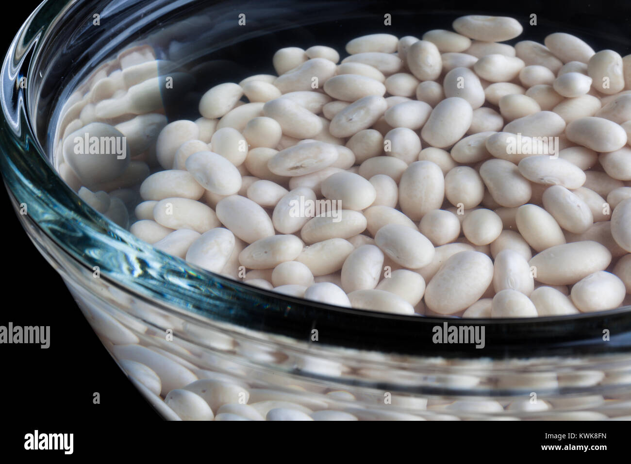Primo piano sui fagioli bianchi imbevuto di acqua nel contenitore in vetro Foto Stock
