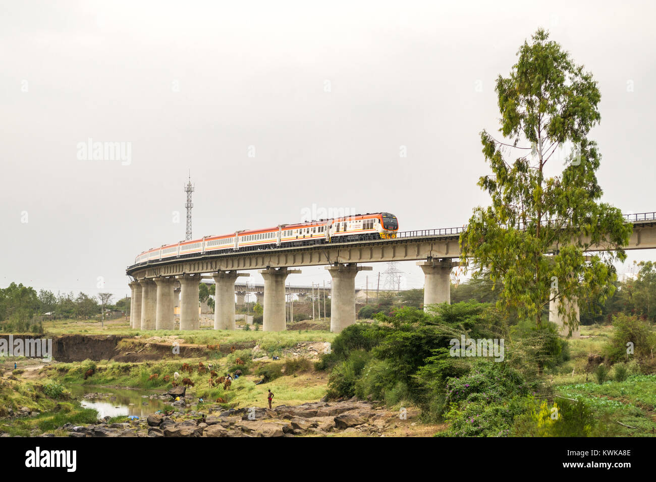 Il Madaraka Express il servizio passeggeri di treno che viaggia su un viadotto di sezione di Nairobi per Mombasa Ferrovia SGR, Kenya Foto Stock