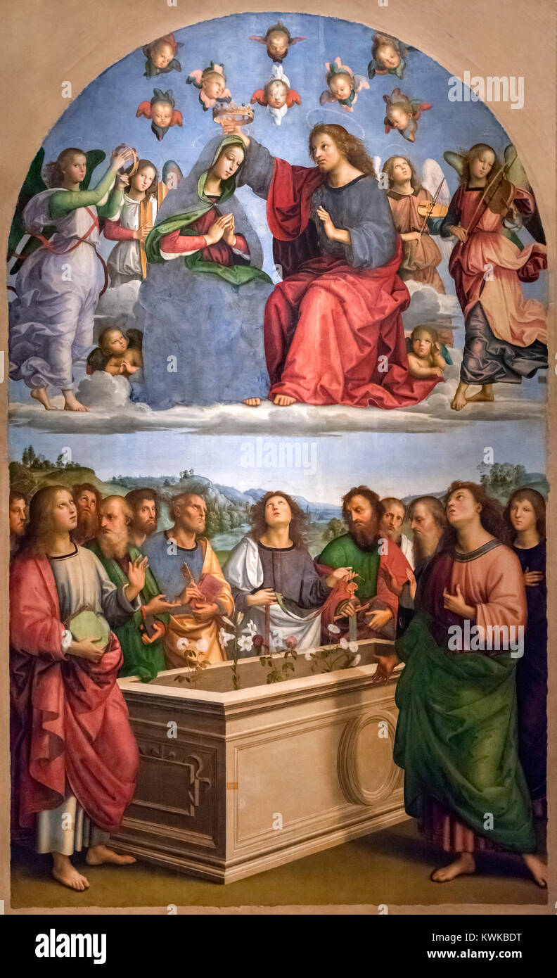Incoronazione della Vergine (la pala Oddi) da Raffaello (Raffaello Sanzio da Urbino, 1483-1520), l'olio tempera su pannello trasferita su tela, c.1502/3 Foto Stock