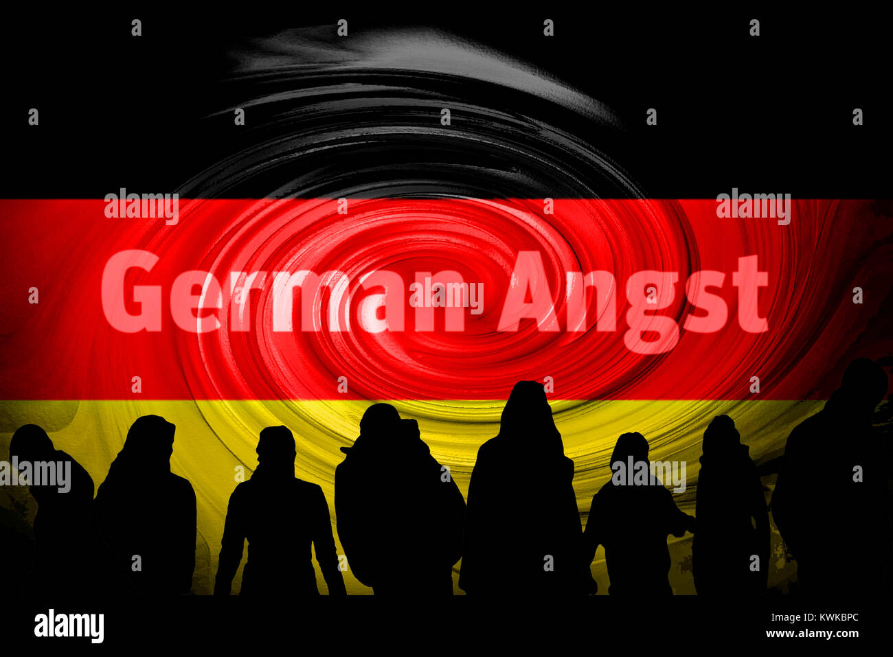 Bandiera tedesca e il tratto tedesco paura, simbolico foto del rifugiato crisi, Deutsche Fahne und Schriftzug tedesco Angst, Symbolfoto Fl?chtlingskrise Foto Stock