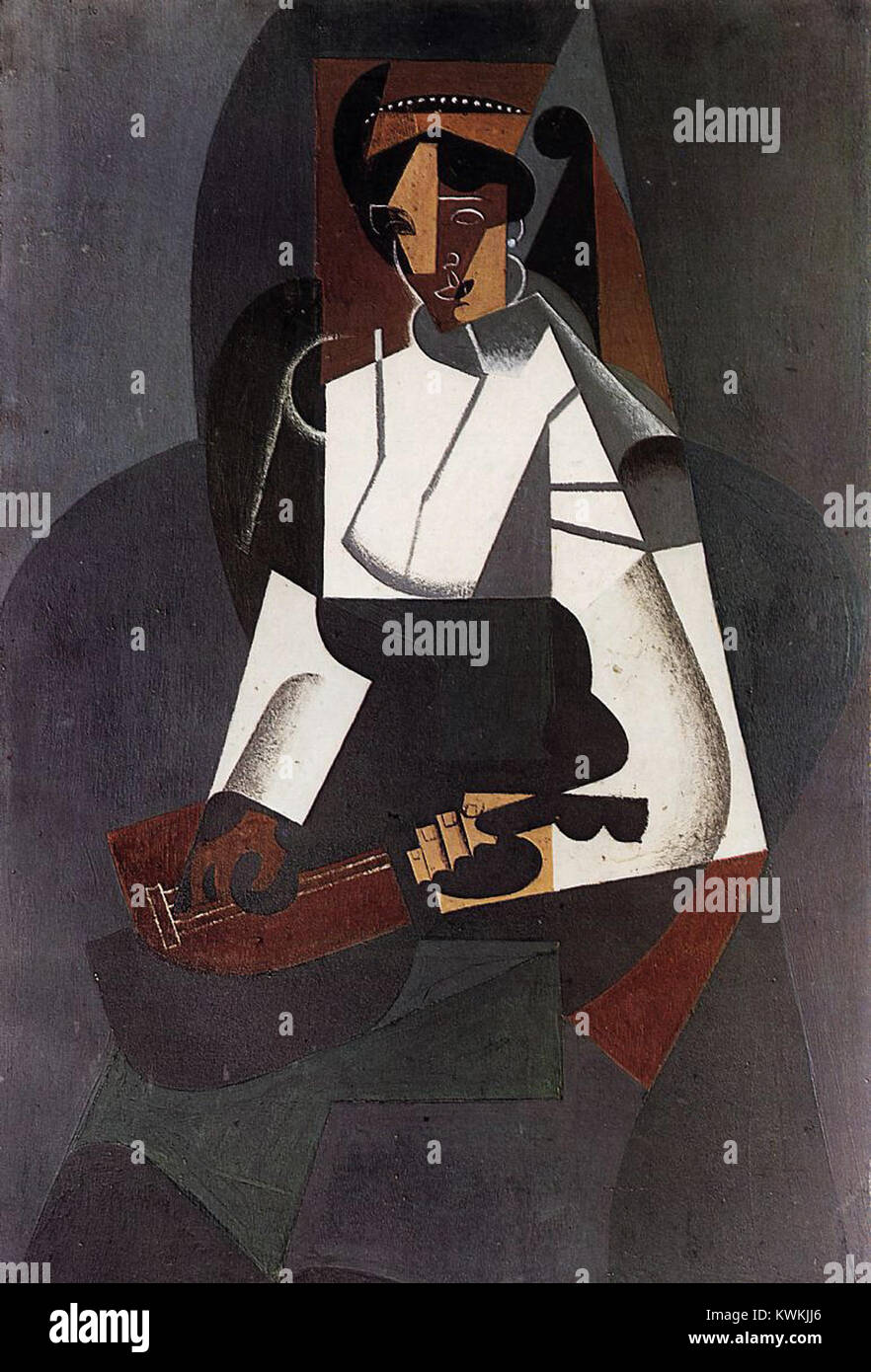 Il dipinto donna con mandolino di Juan Gris del 1916 è un olio cubista su tela che mescola l'astrazione geometrica con l'equilibrio classico. L'opera d'arte, tenutasi al Kunstmuseum di Basilea, esemplifica lo stile analitico e l'approccio innovativo di Gris al cubismo. Foto Stock