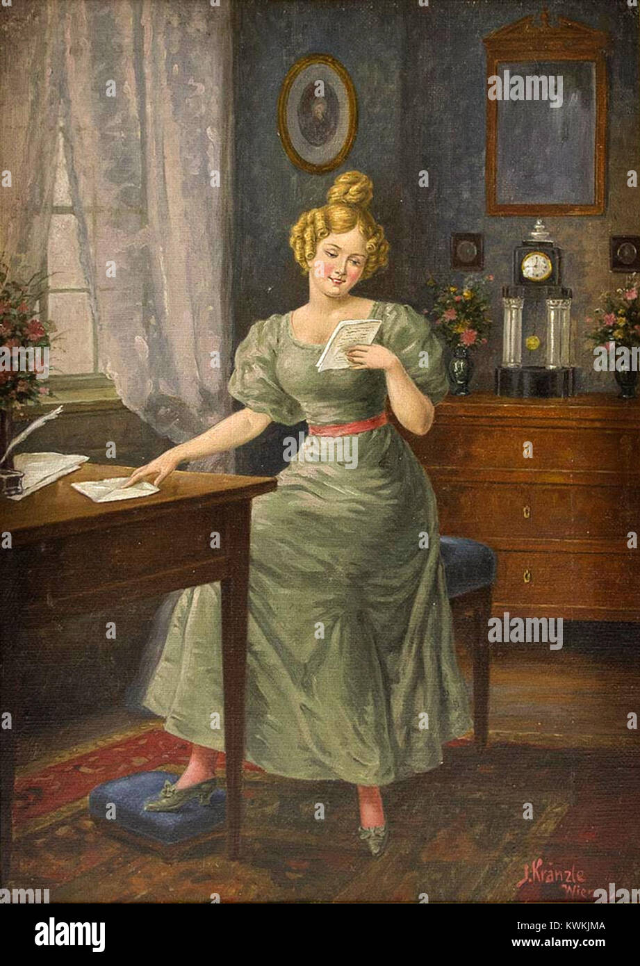 Un dipinto di Josef Kränzle intitolato Der Liebesbrief (la lettera d'amore), raffigurante una donna che legge o scrive una lettera in un ambiente intimo e domestico, caratteristico dell'arte di genere del XIX secolo. Foto Stock