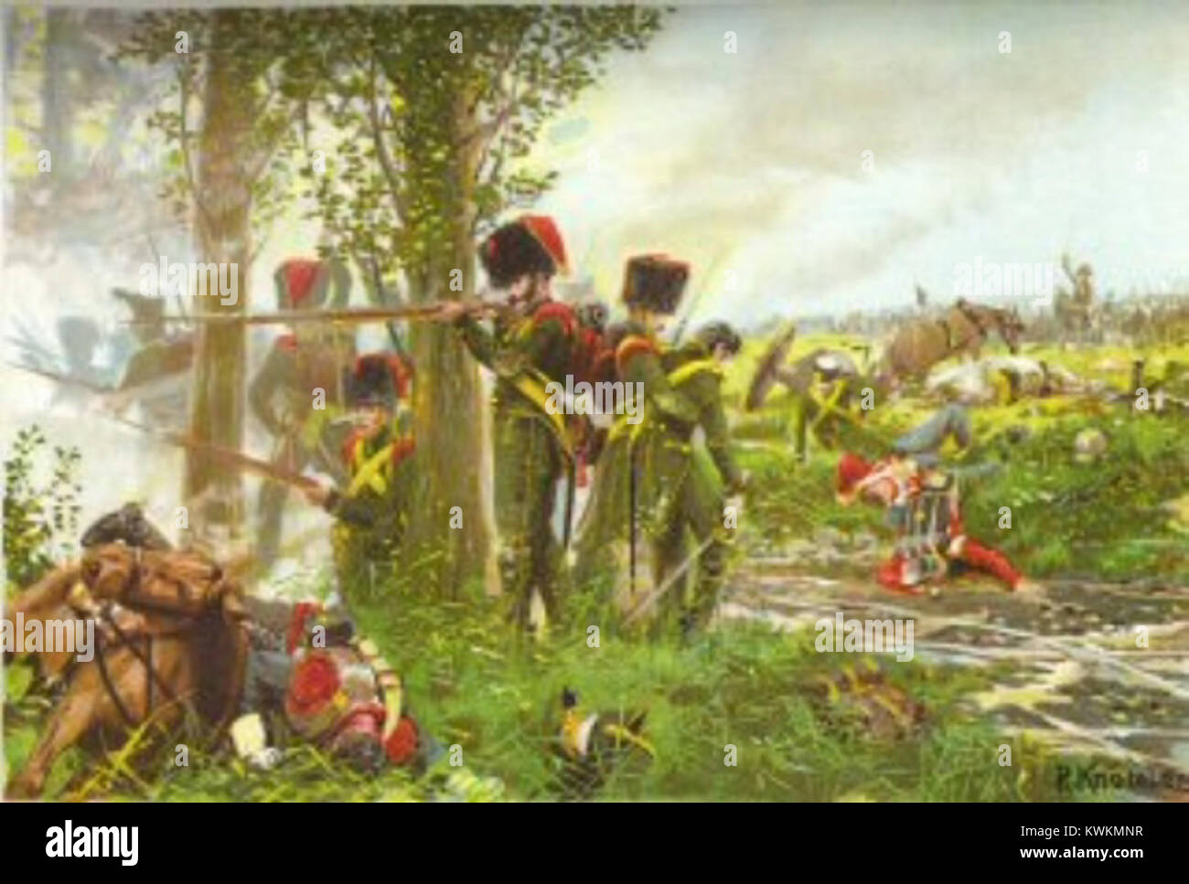 Un'illustrazione di Richard Knötel raffigurante le truppe Nassau nella battaglia di Waterloo il 18 giugno 1815, mostrando uniformi militari storiche e formazioni da combattimento. Foto Stock