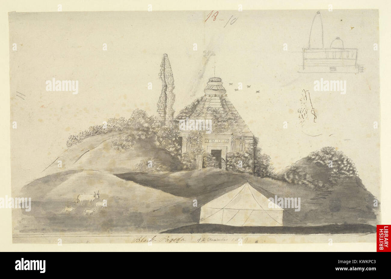 Un acquerello datato 12 dicembre 1809 che mostra la vista meridionale del tempio di Sūrya (noto come Pagoda Nera) a Konārka, Orissa, India, illustrando la prima documentazione europea sull'architettura del tempio indù. Foto Stock