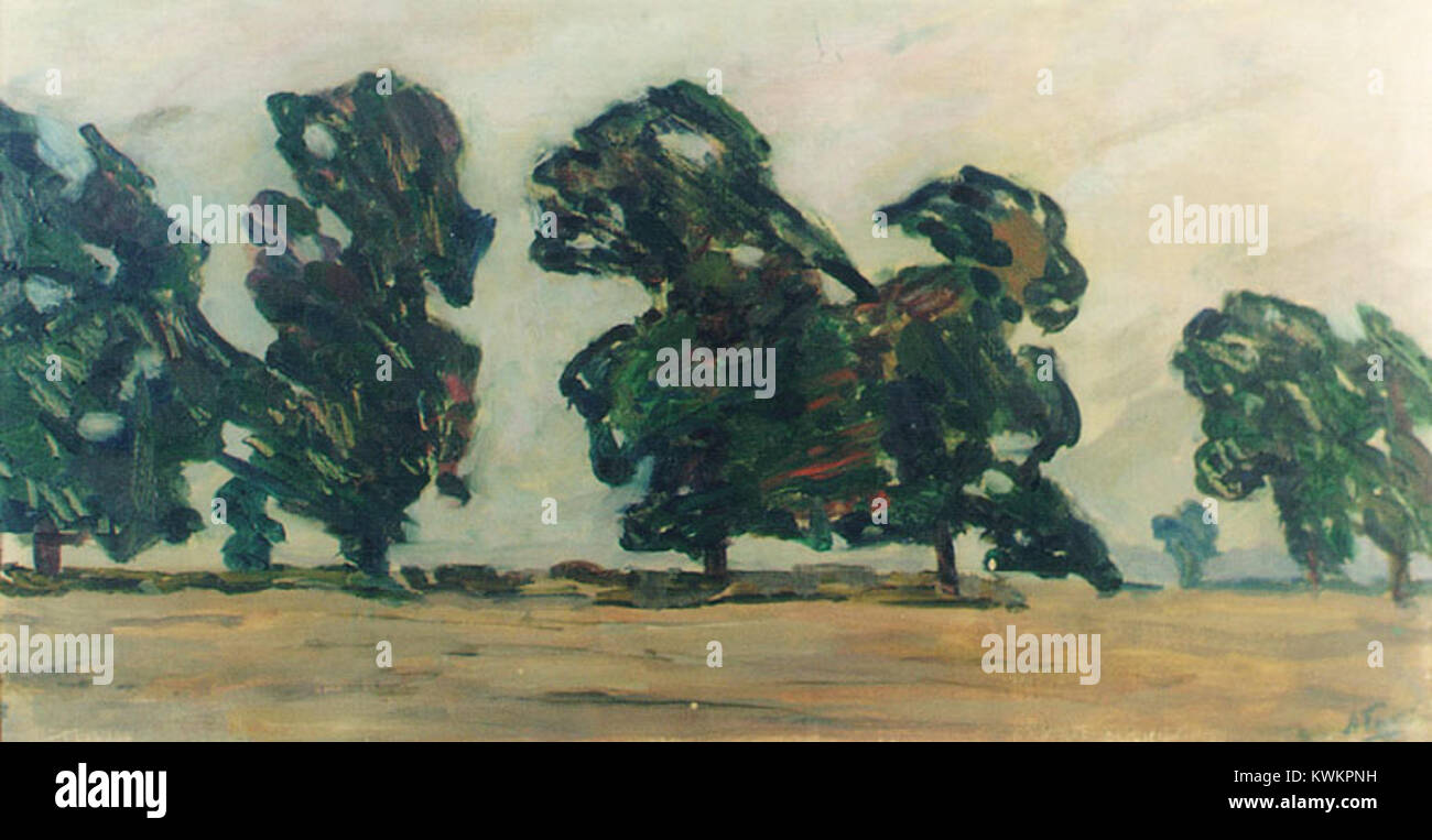 "Trees" di Hausch Alexander è un dipinto stilizzato che mostra la natura attraverso forme astratte di alberi. Il pezzo mette in risalto le forme organiche e la bellezza strutturale degli alberi in un ambiente naturale. Foto Stock