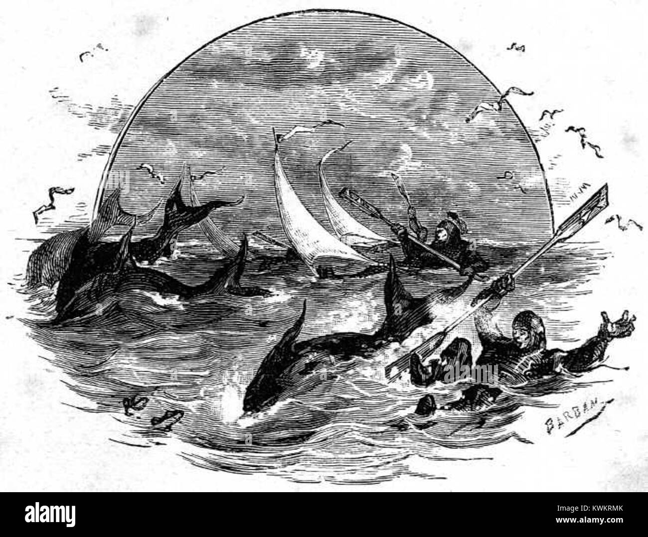 Un'illustrazione di Léon Benett per il romanzo Tribulations of a Chinaman in China di Jules Verne, che mostra scene che riflettono paesaggi cinesi, abbigliamento e ambientazioni culturali del XIX secolo. Foto Stock