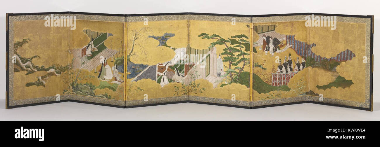 Un paravento giapponese a sei pannelli che illustra scene di "il racconto di Genji", ospitato nel Walters Art Museum, che mostra la pittura classica giapponese e le tradizioni artistiche letterarie. Foto Stock