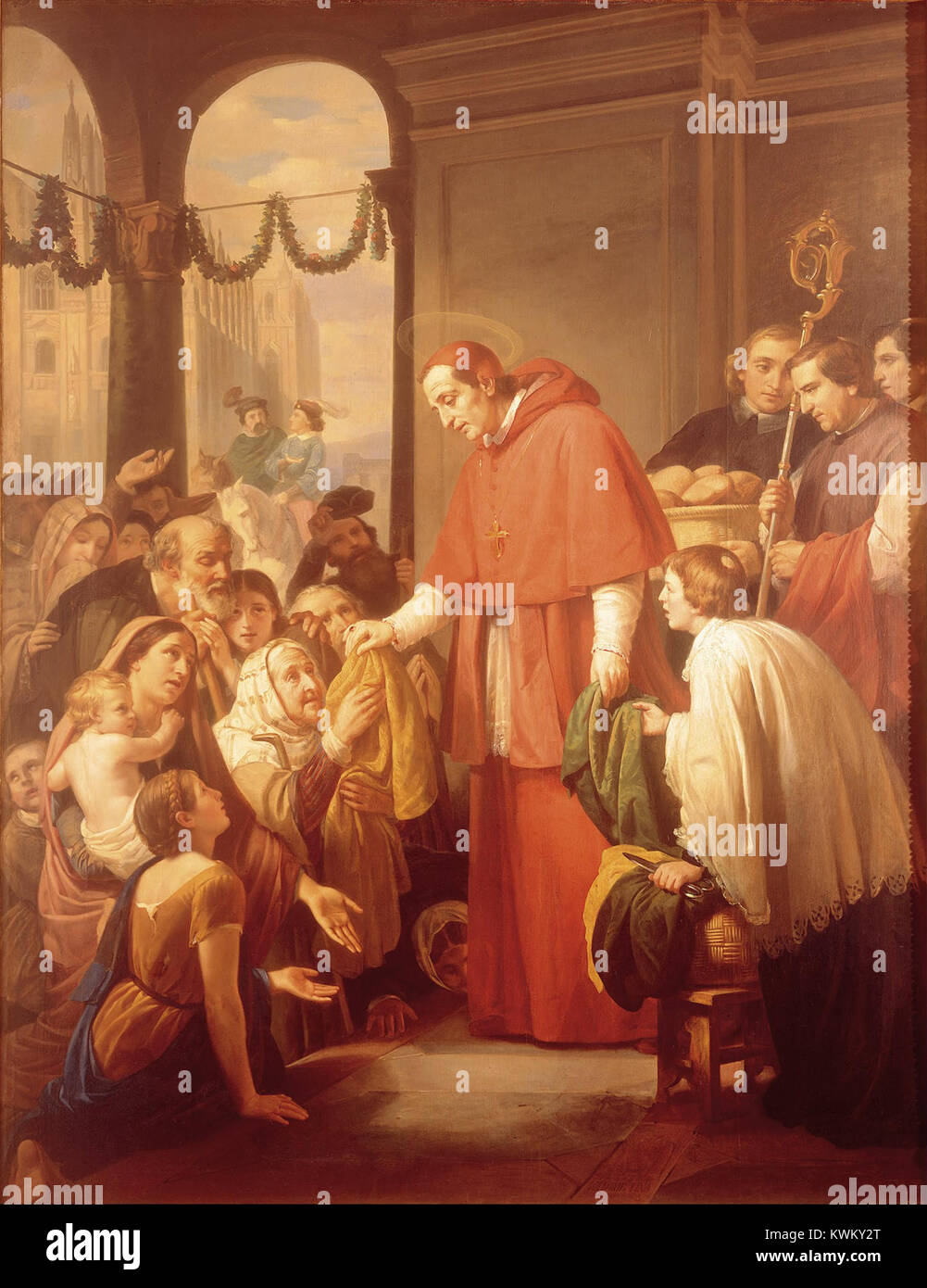 Questo dipinto del XVI secolo di José Salom Pina mostra San Carlo Borromeo che distribuisce l'elemosina ai poveri, mettendo in evidenza la sua opera caritatevole e la sua compassione. Foto Stock