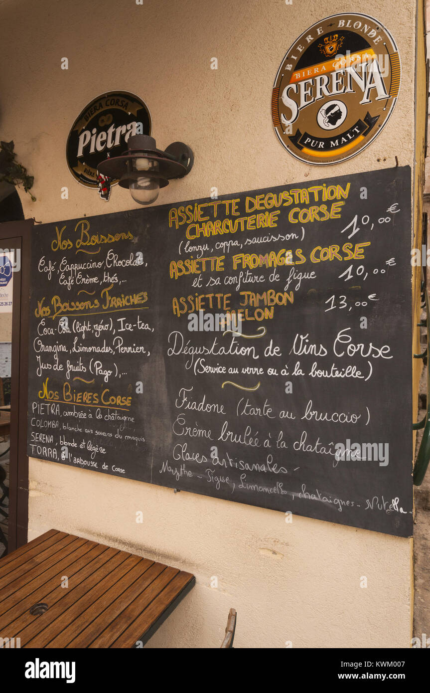 Francia, Corsica, Bonifacio, La Ville Haute, Città Alta, il menu del ristorante board Foto Stock